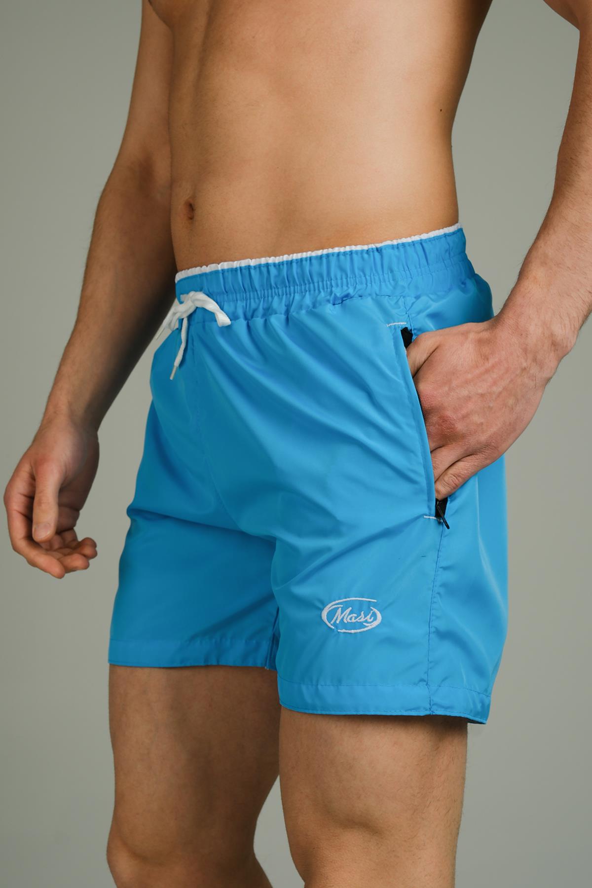 Alvise Slim Fit Beli Renk Detay Şeritli Basic Erkek Deniz Şortu