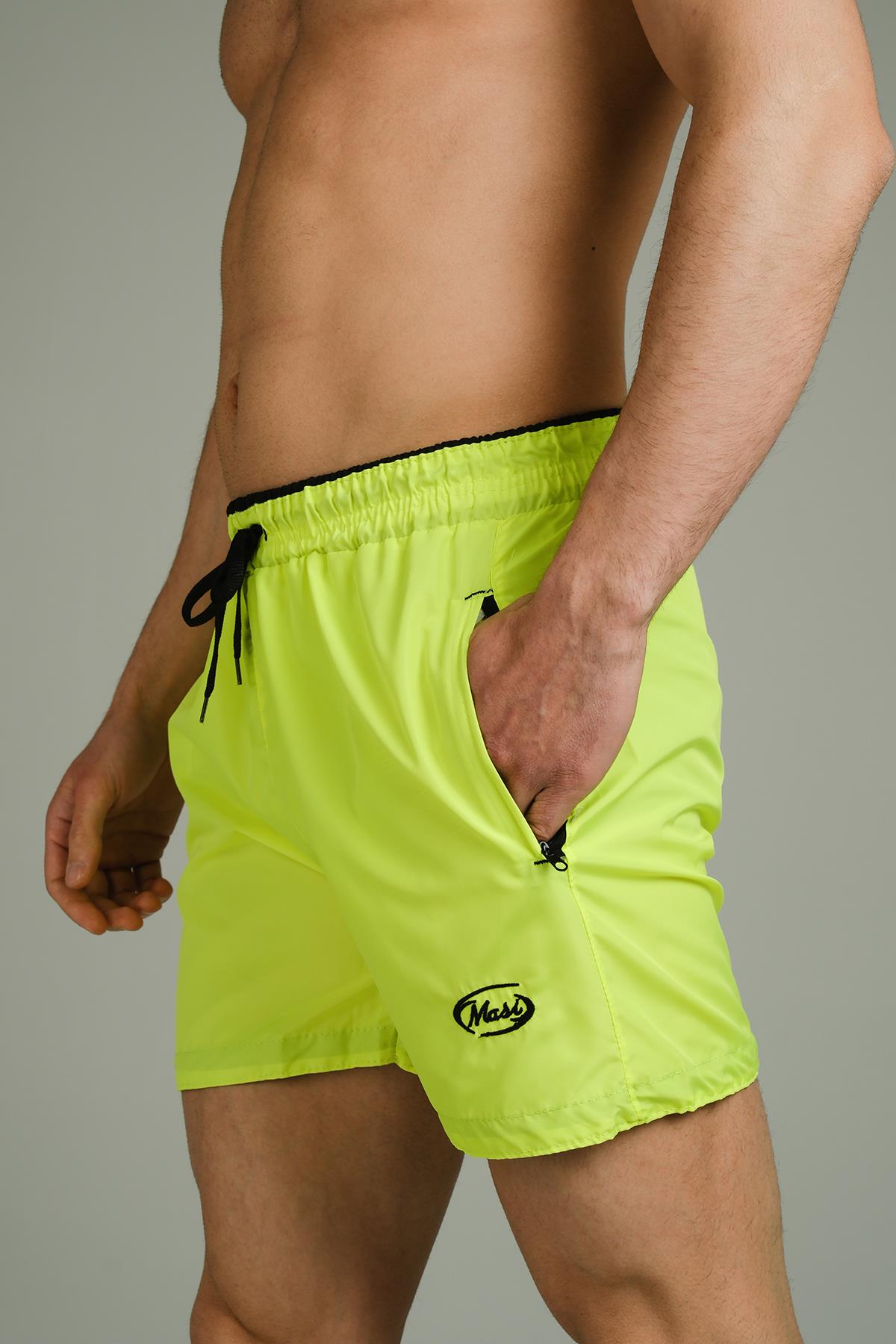 Alvise Slim Fit Beli Renk Detay Şeritli Basic Erkek Deniz Şortu