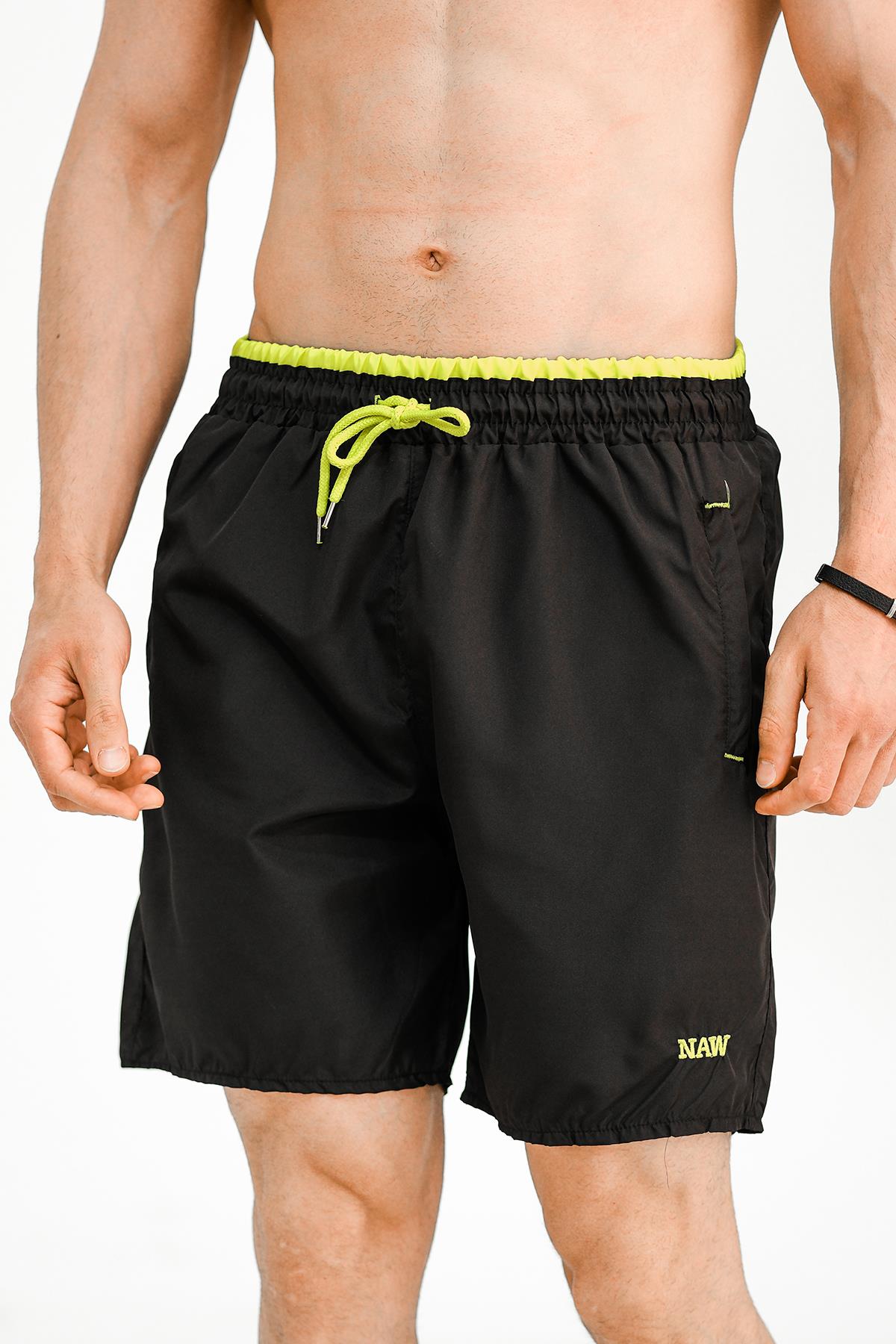 Alvise Slim Fit Beli Renk Detay Şeritli Basic Erkek Deniz Şortu