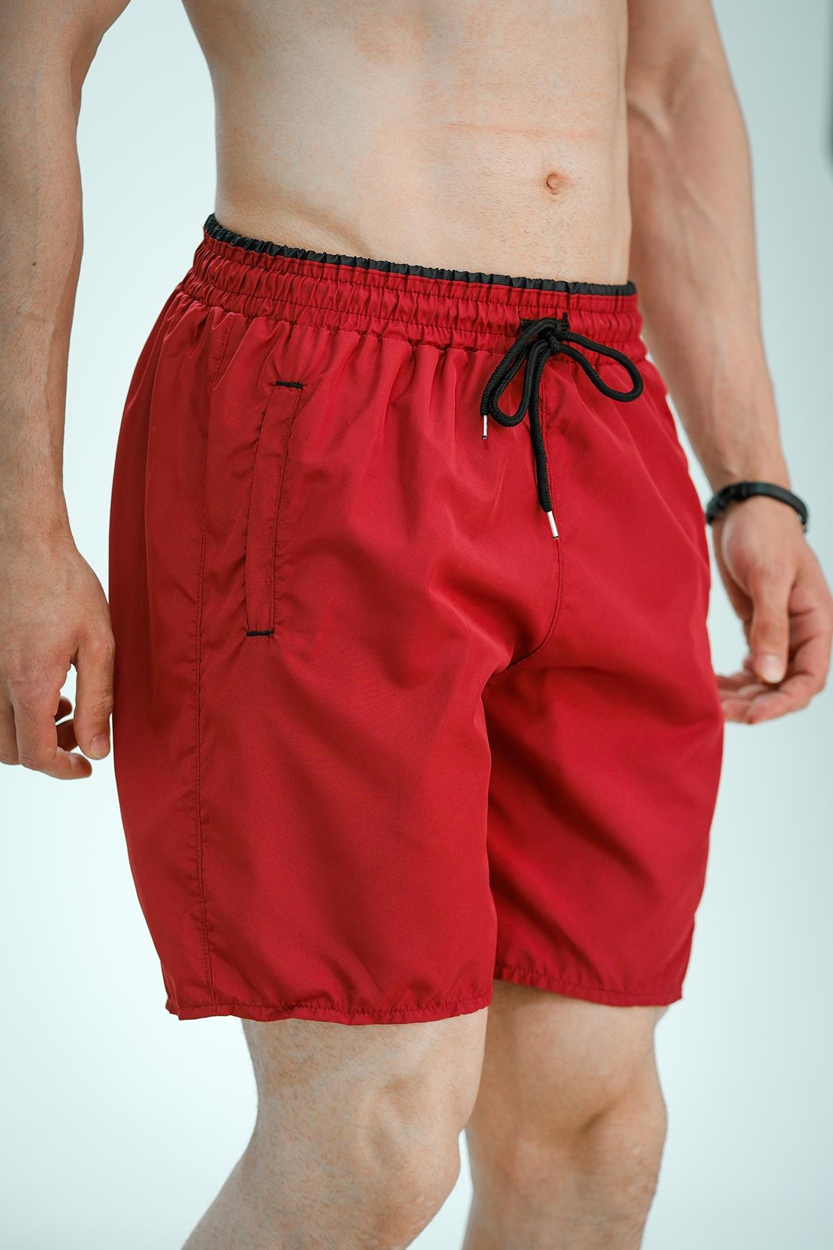 Alvise Slim Fit Beli Renk Detay Şeritli Basic Erkek Deniz Şortu