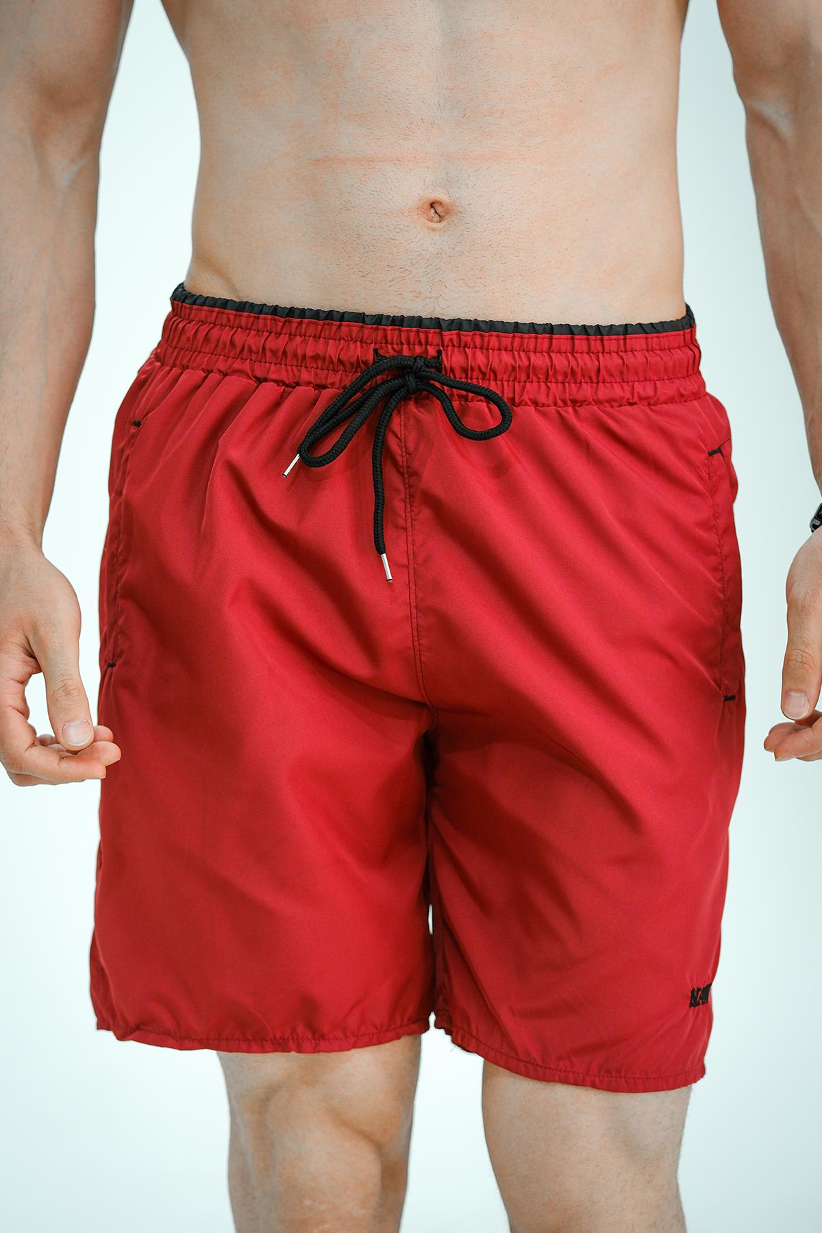 Alvise Slim Fit Beli Renk Detay Şeritli Basic Erkek Deniz Şortu