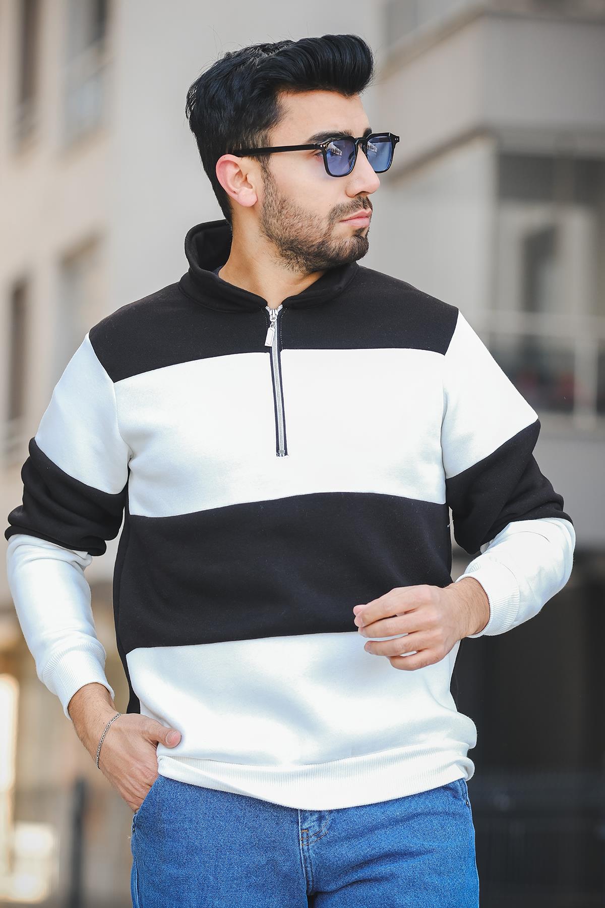 Arman Üç İplik Şardonlu Parçalı Fermuarlı Dik Yaka Slim Fit Erkek Sweatshirt