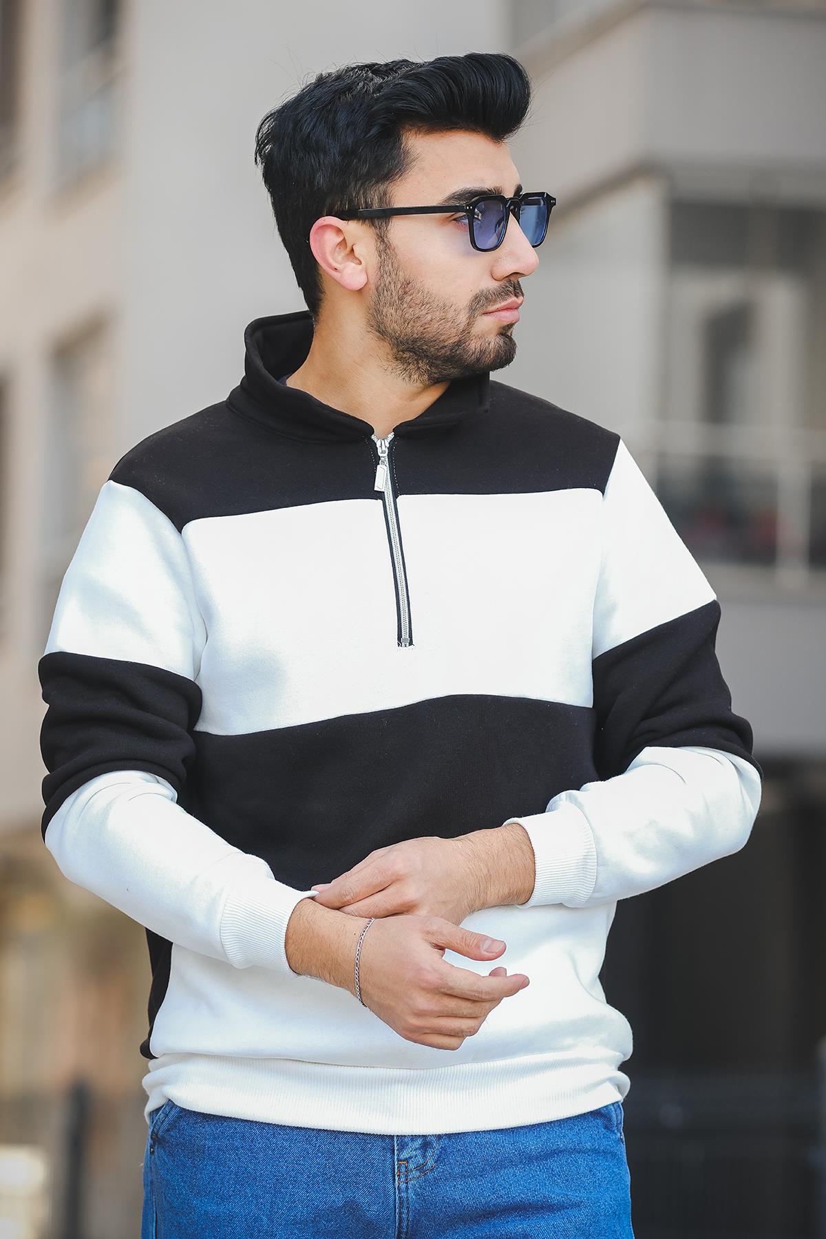 Arman Üç İplik Şardonlu Parçalı Fermuarlı Dik Yaka Slim Fit Erkek Sweatshirt