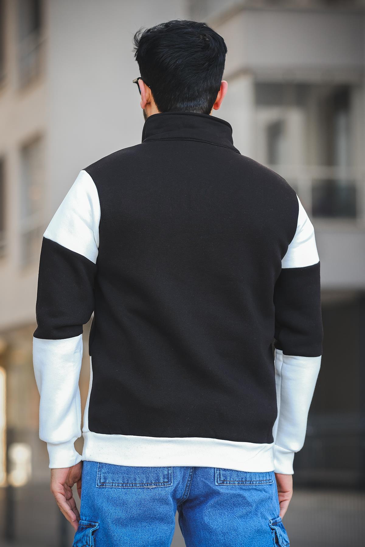 Arman Üç İplik Şardonlu Parçalı Fermuarlı Dik Yaka Slim Fit Erkek Sweatshirt