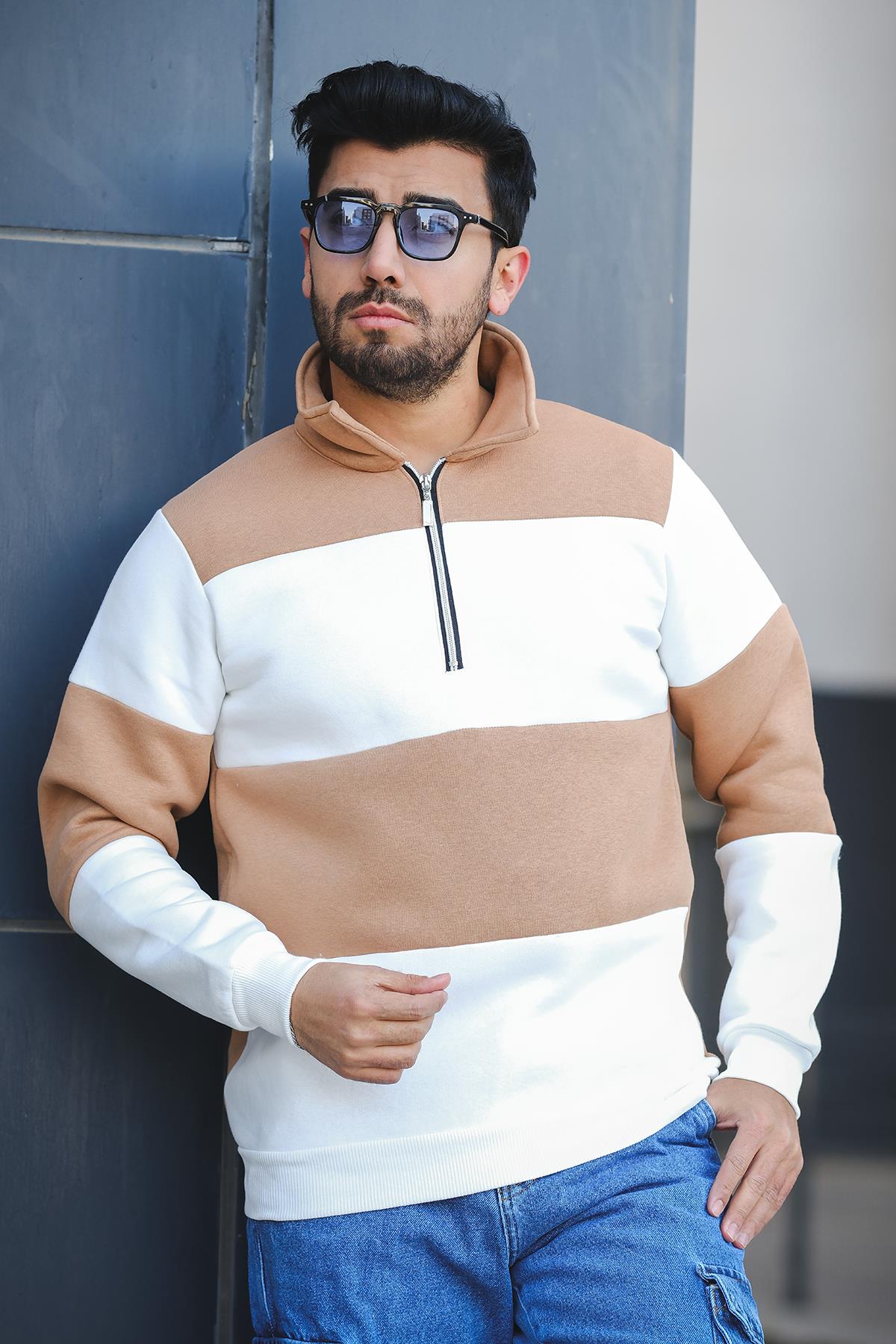 Arman Üç İplik Şardonlu Parçalı Fermuarlı Dik Yaka Slim Fit Erkek Sweatshirt