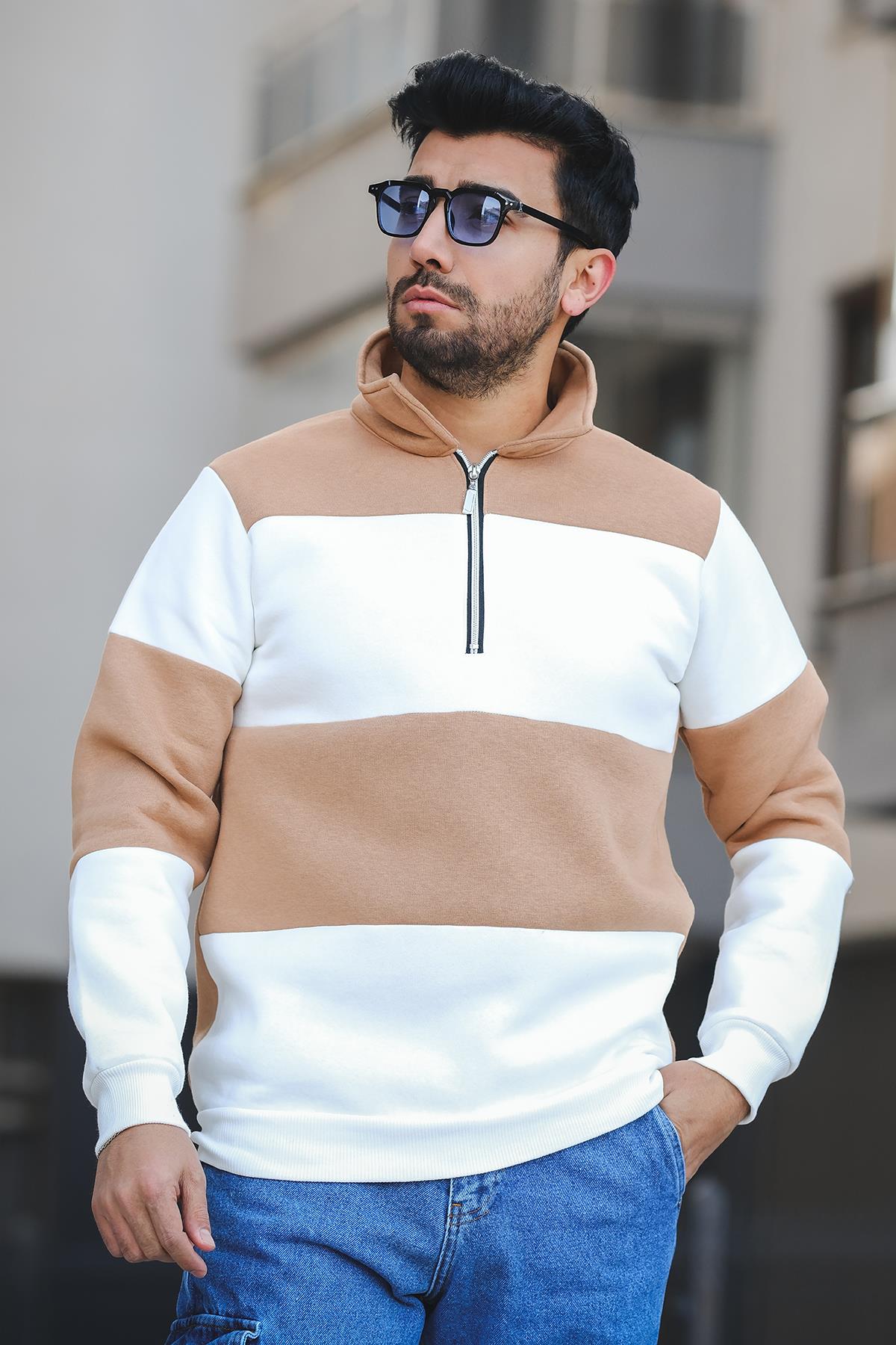 Arman Üç İplik Şardonlu Parçalı Fermuarlı Dik Yaka Slim Fit Erkek Sweatshirt