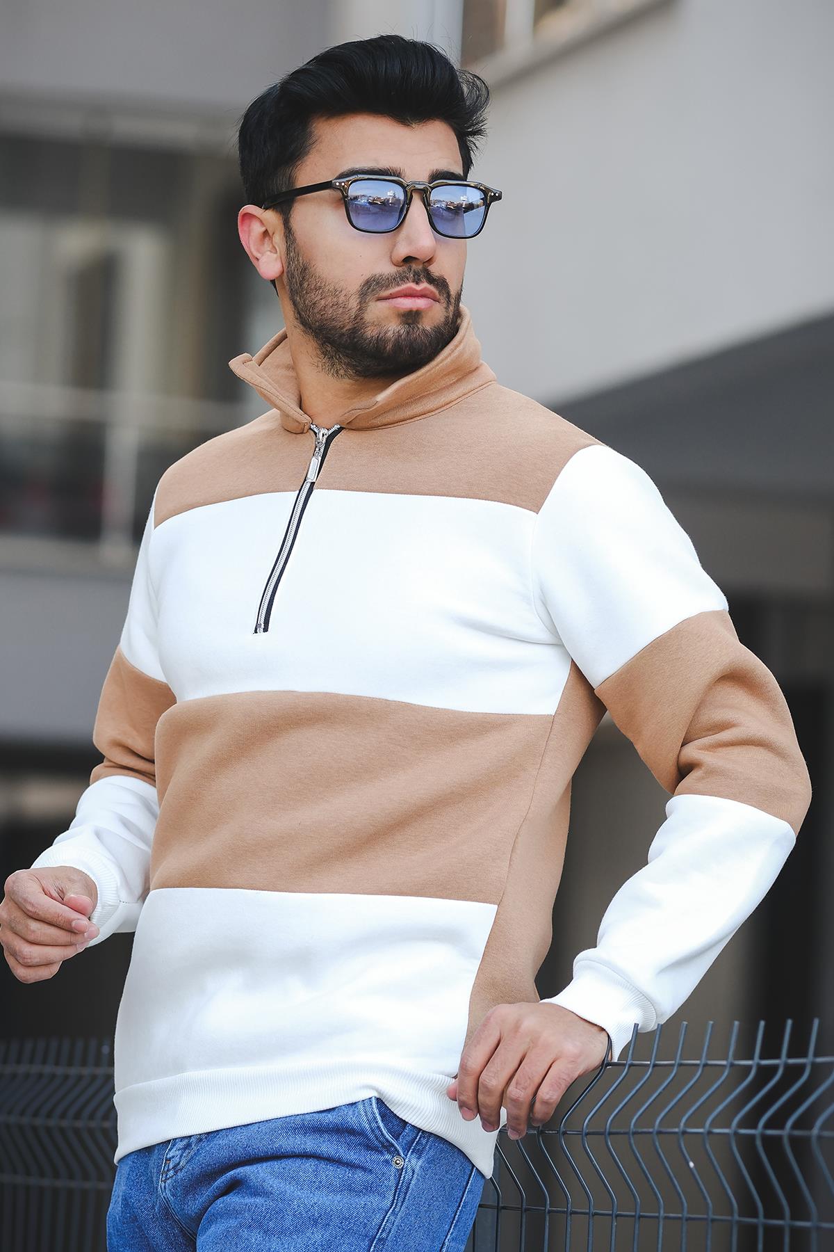 Arman Üç İplik Şardonlu Parçalı Fermuarlı Dik Yaka Slim Fit Erkek Sweatshirt
