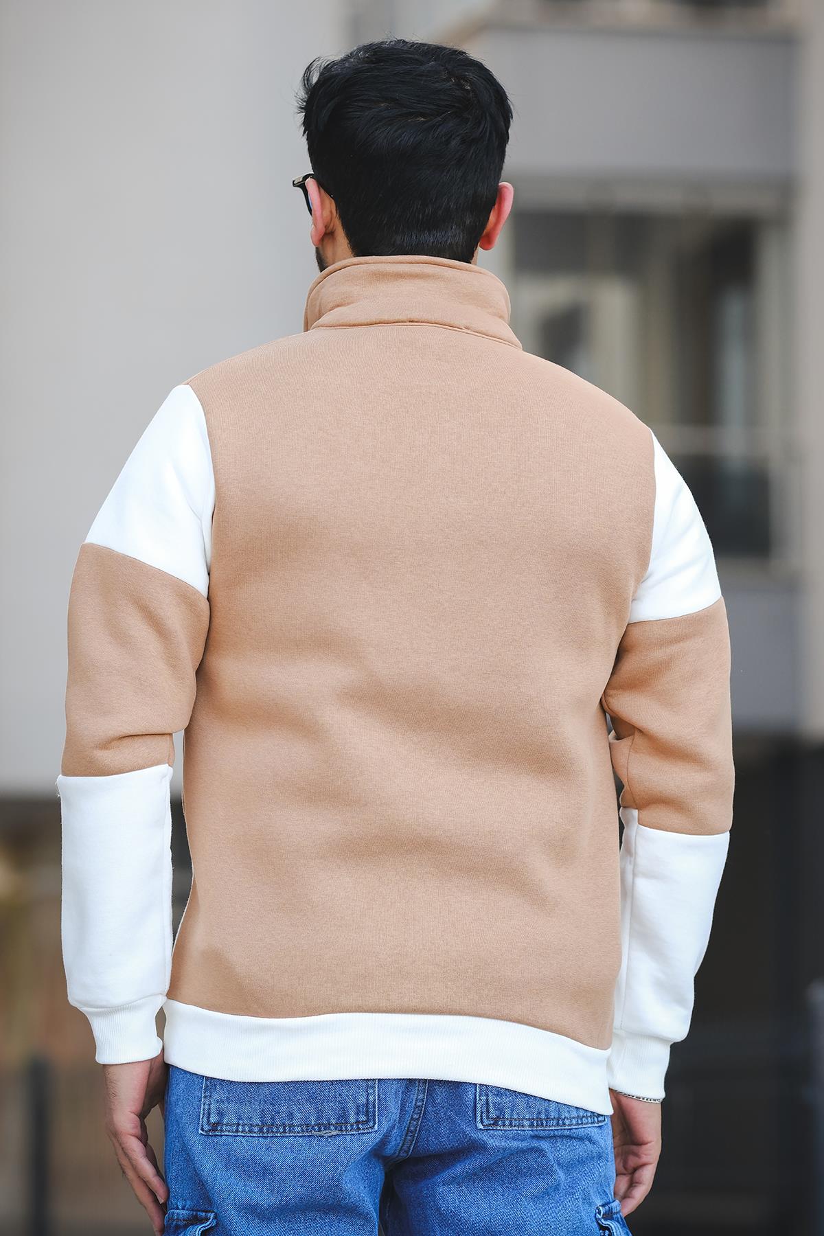 Arman Üç İplik Şardonlu Parçalı Fermuarlı Dik Yaka Slim Fit Erkek Sweatshirt
