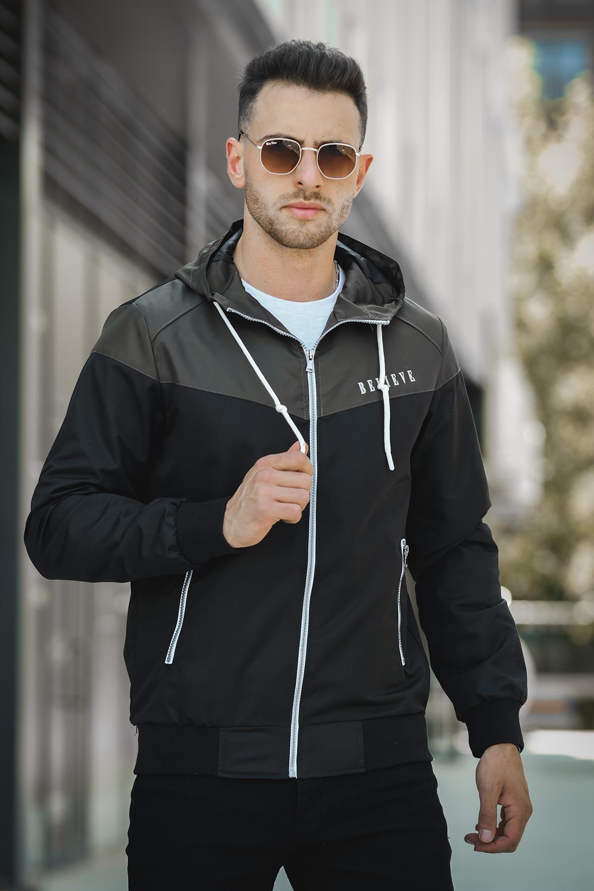 Believe Baskılı Suya Dayanaklı Slim Fit Erkek Mevsimlik Mont Yağmurluk