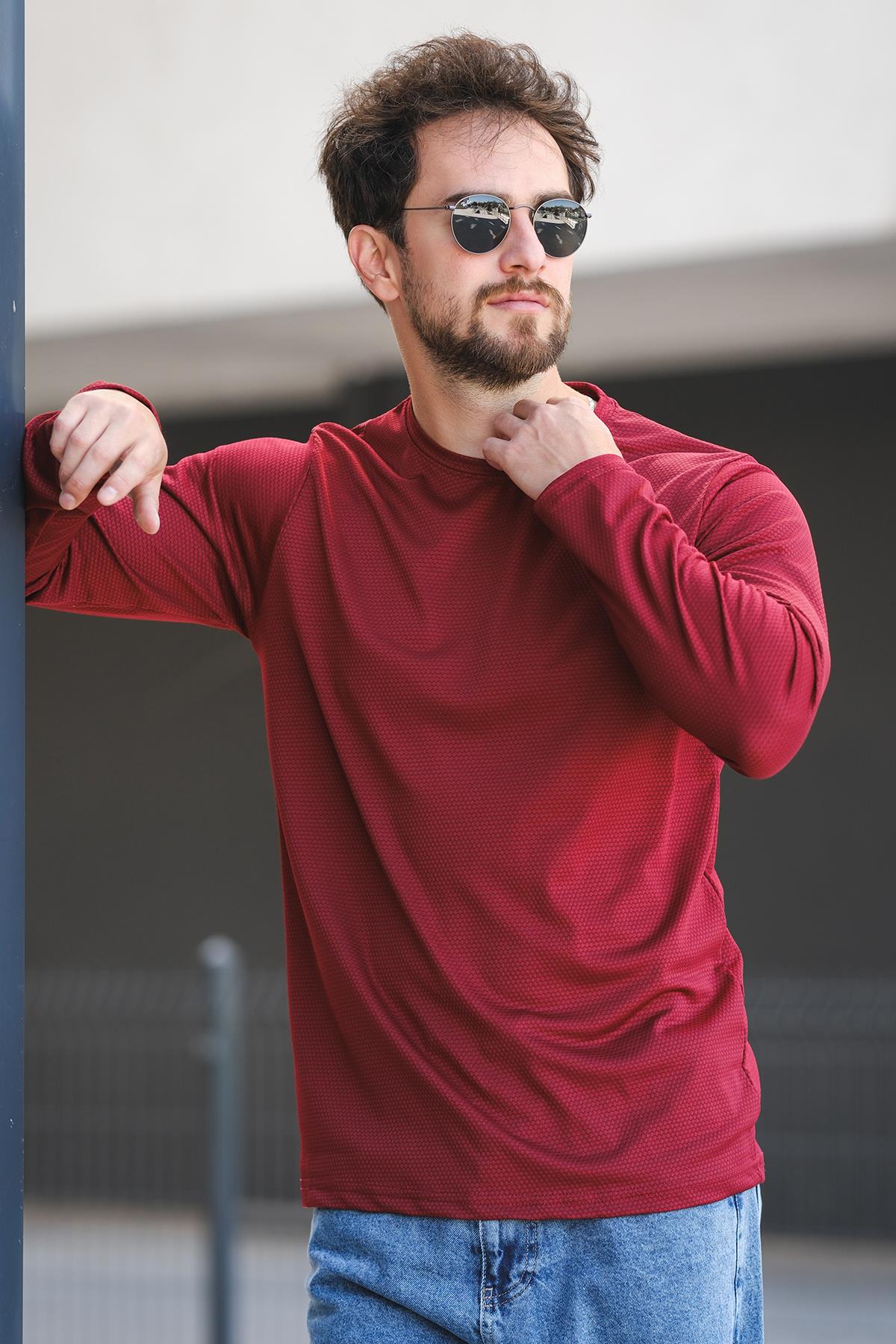 Betti Slim Fit Likralı Petek Kumaş Bisiklet Yaka Erkek Uzun Kol Tshirt