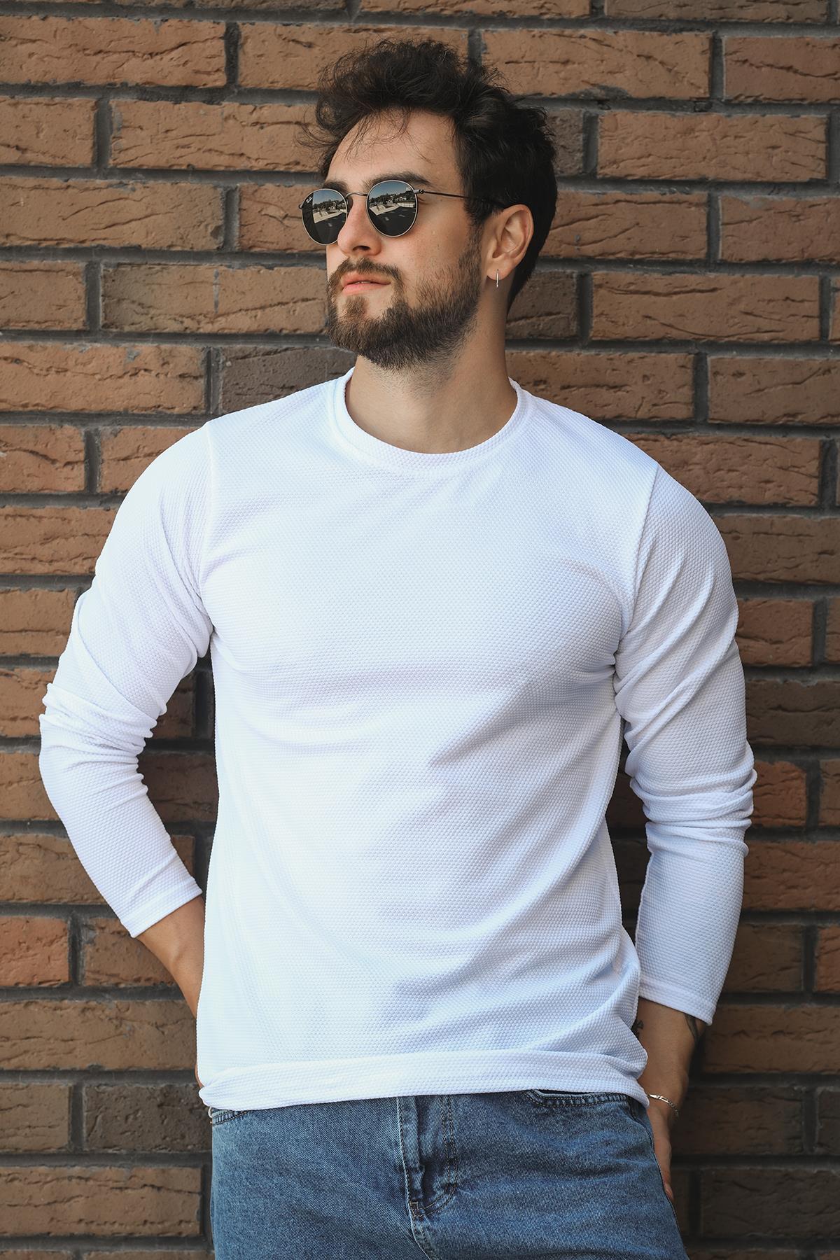 Betti Slim Fit Likralı Petek Kumaş Bisiklet Yaka Erkek Uzun Kol Tshirt