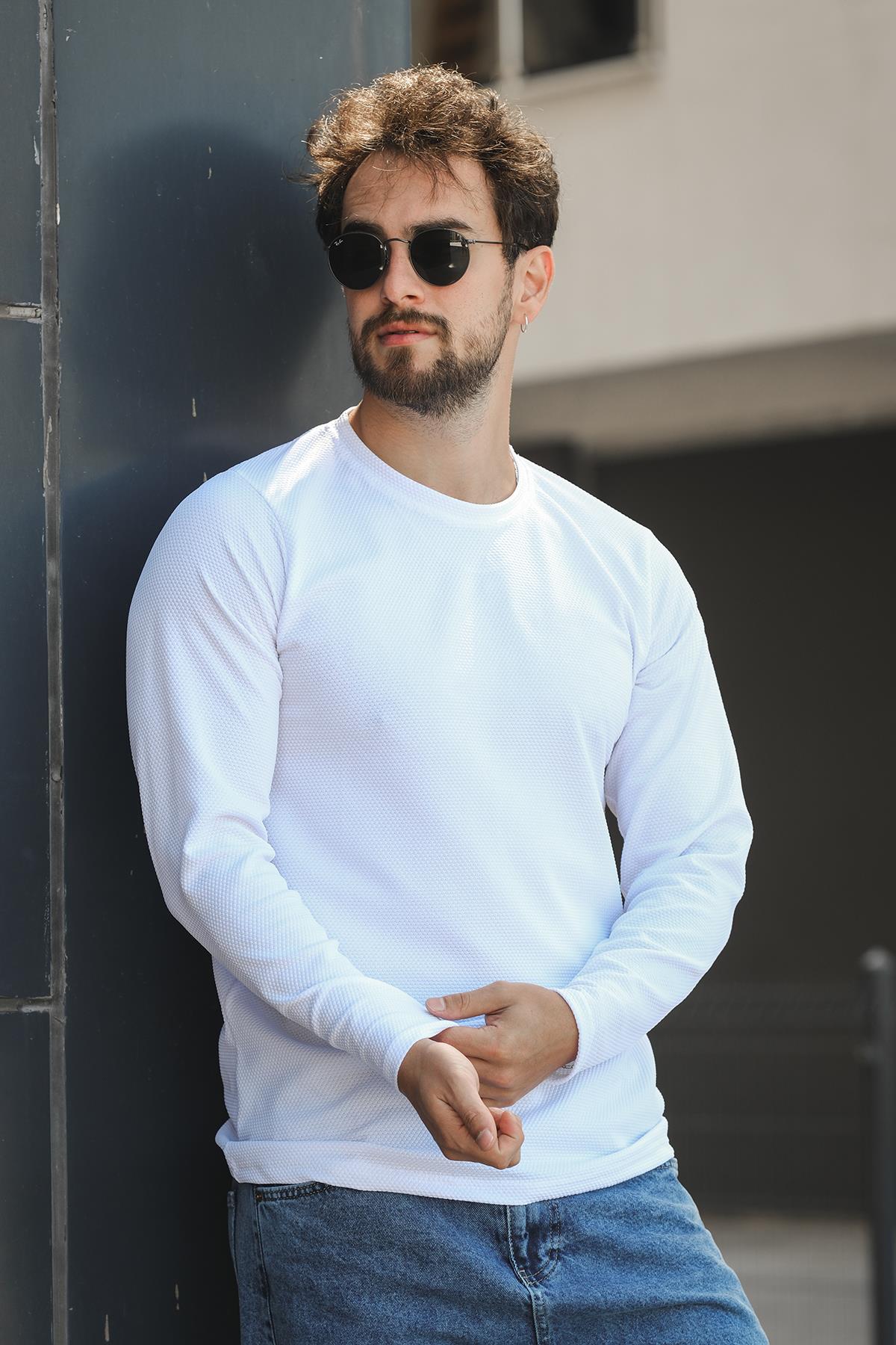 Betti Slim Fit Likralı Petek Kumaş Bisiklet Yaka Erkek Uzun Kol Tshirt