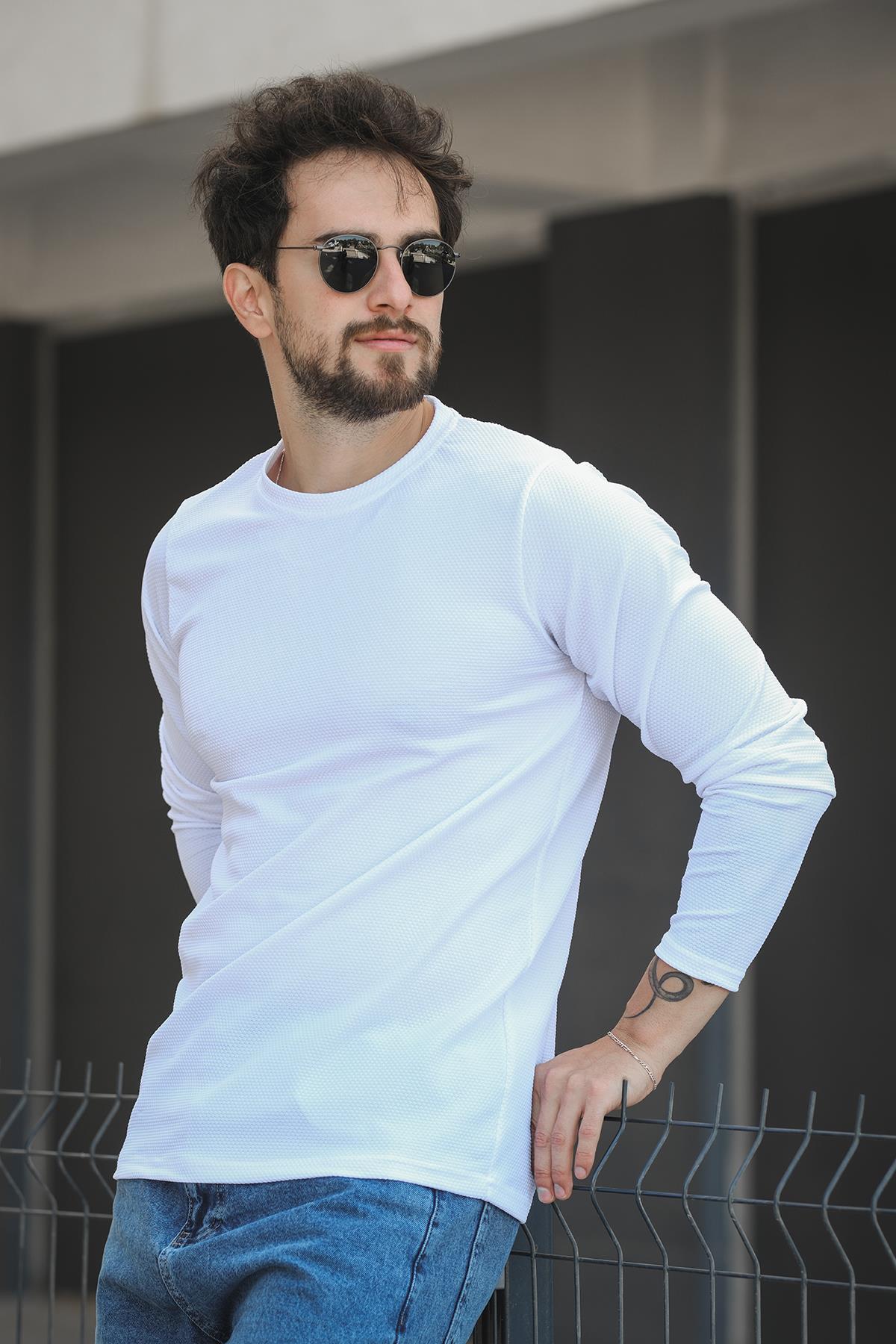 Betti Slim Fit Likralı Petek Kumaş Bisiklet Yaka Erkek Uzun Kol Tshirt