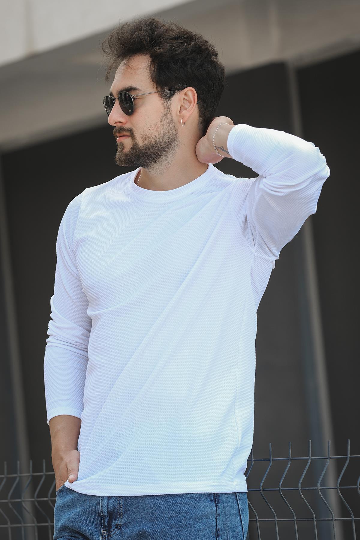 Betti Slim Fit Likralı Petek Kumaş Bisiklet Yaka Erkek Uzun Kol Tshirt