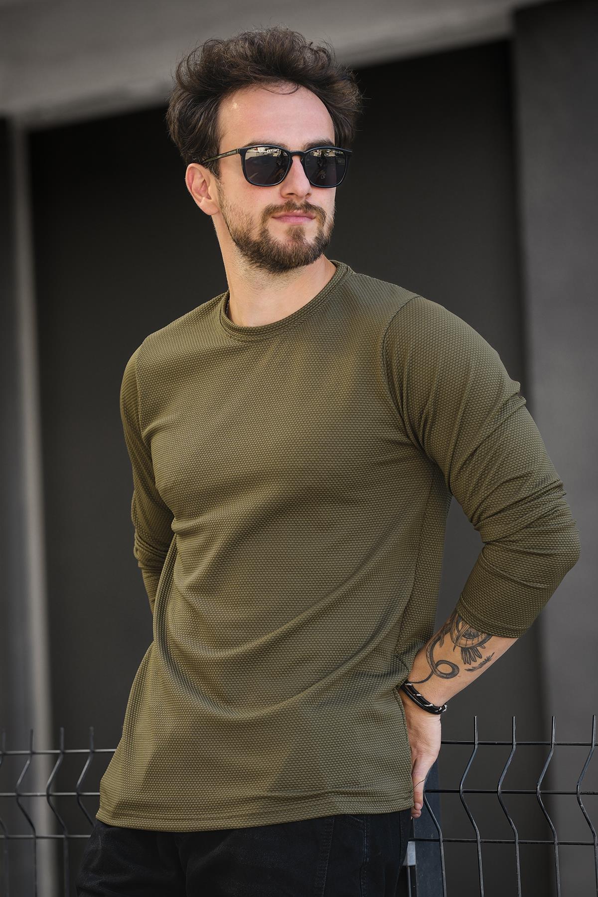 Betti Slim Fit Likralı Petek Kumaş Bisiklet Yaka Erkek Uzun Kol Tshirt