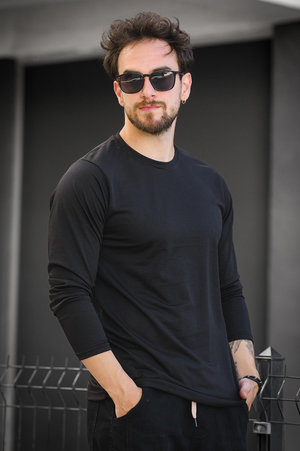 Betti Slim Fit Likralı Petek Kumaş Bisiklet Yaka Erkek Uzun Kol Tshirt