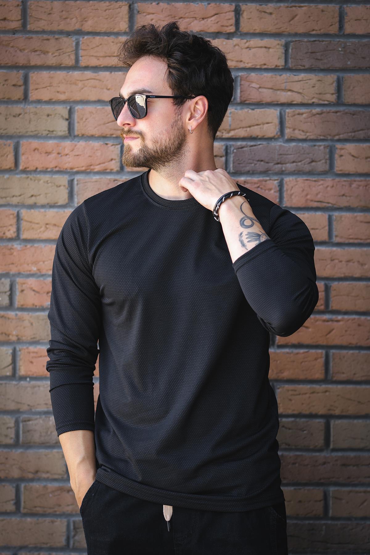 Betti Slim Fit Likralı Petek Kumaş Bisiklet Yaka Erkek Uzun Kol Tshirt