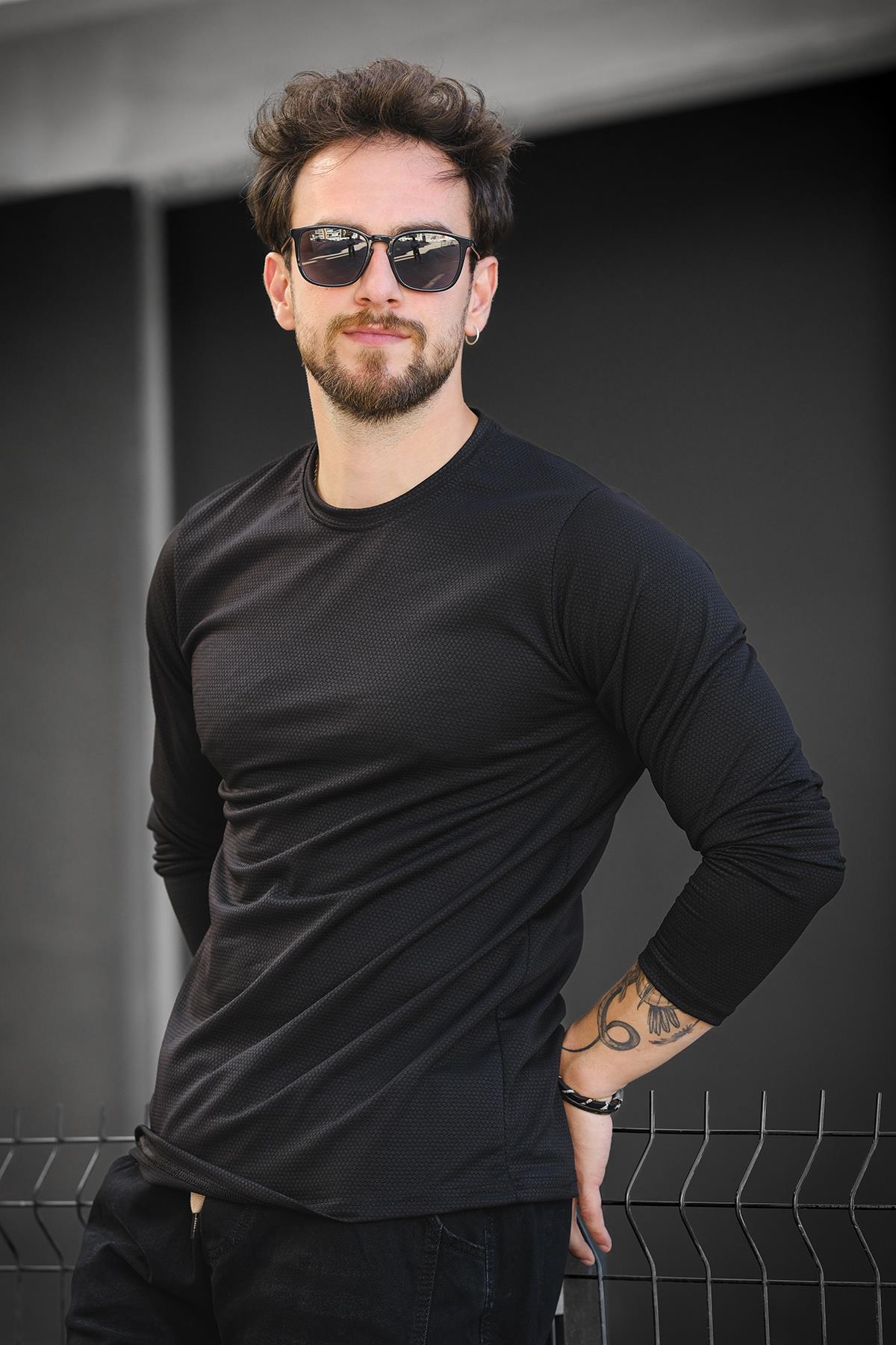 Betti Slim Fit Likralı Petek Kumaş Bisiklet Yaka Erkek Uzun Kol Tshirt