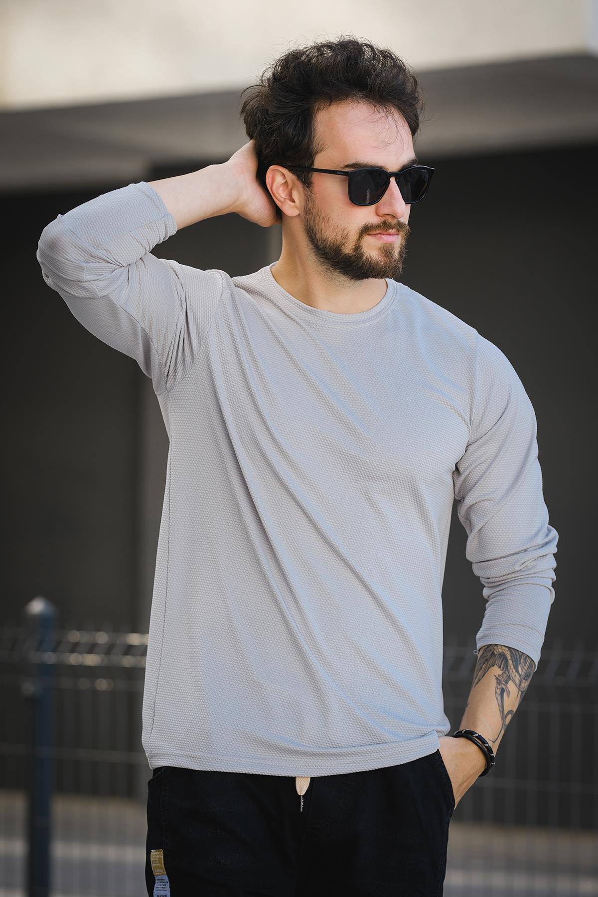 Betti Slim Fit Likralı Petek Kumaş Bisiklet Yaka Erkek Uzun Kol Tshirt
