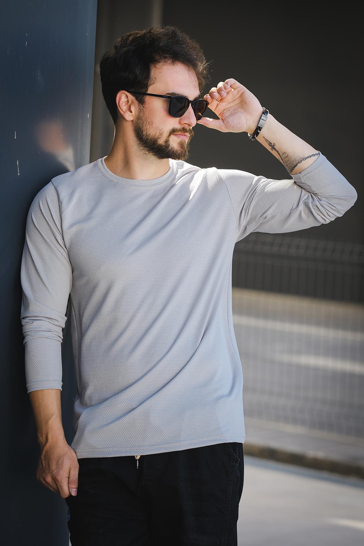 Betti Slim Fit Likralı Petek Kumaş Bisiklet Yaka Erkek Uzun Kol Tshirt