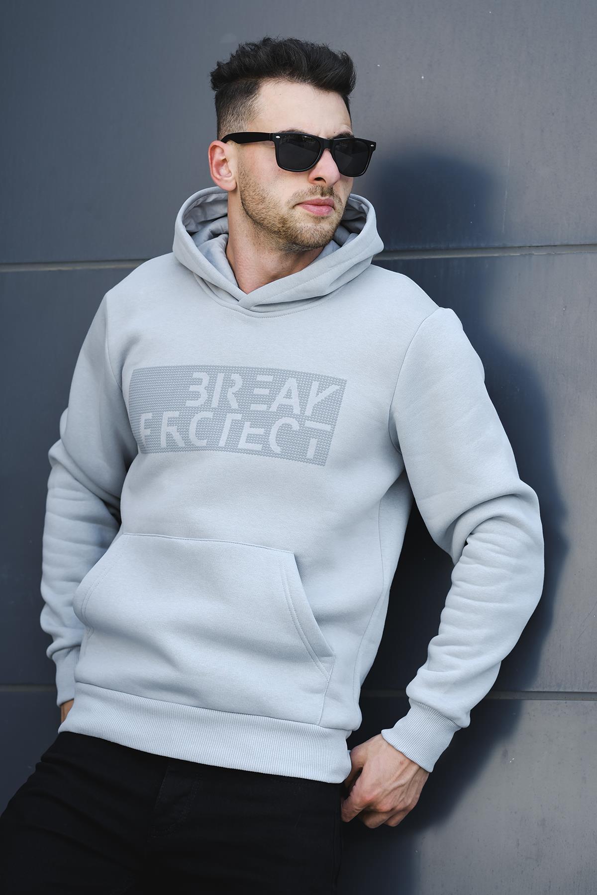 Break Üç İplik Şardonlu Baskılı Kapüşonlu Erkek Sweatshirt