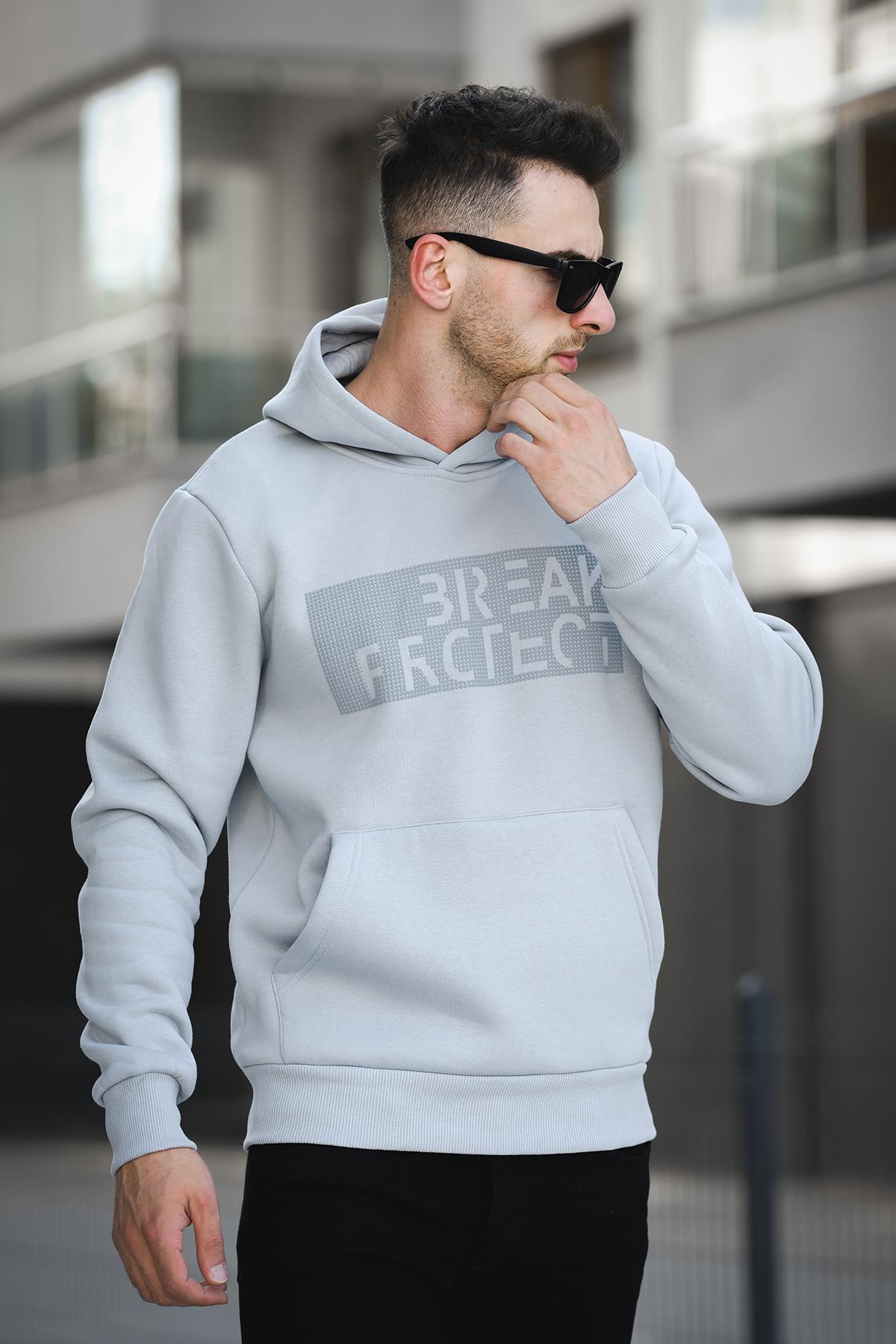 Break Üç İplik Şardonlu Baskılı Kapüşonlu Erkek Sweatshirt