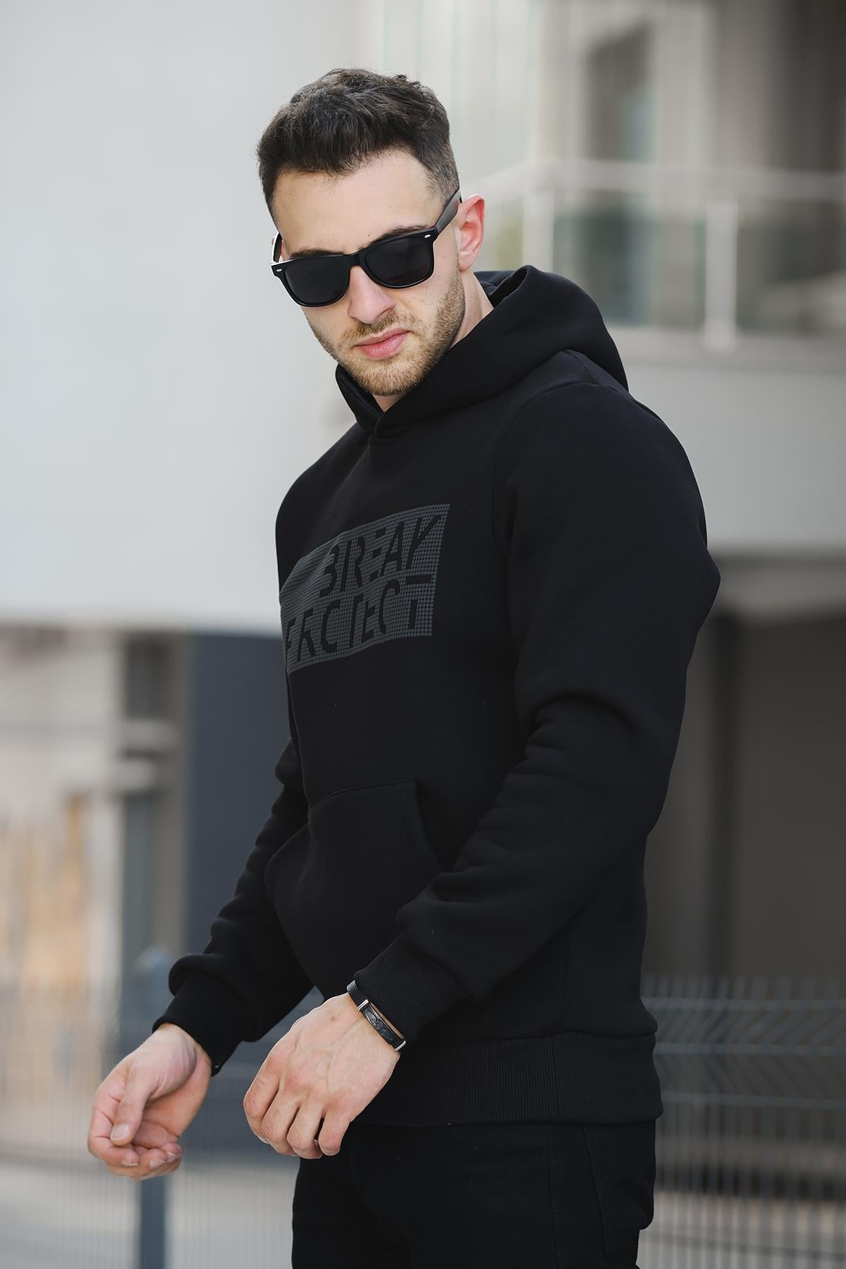 Break Üç İplik Şardonlu Baskılı Kapüşonlu Erkek Sweatshirt