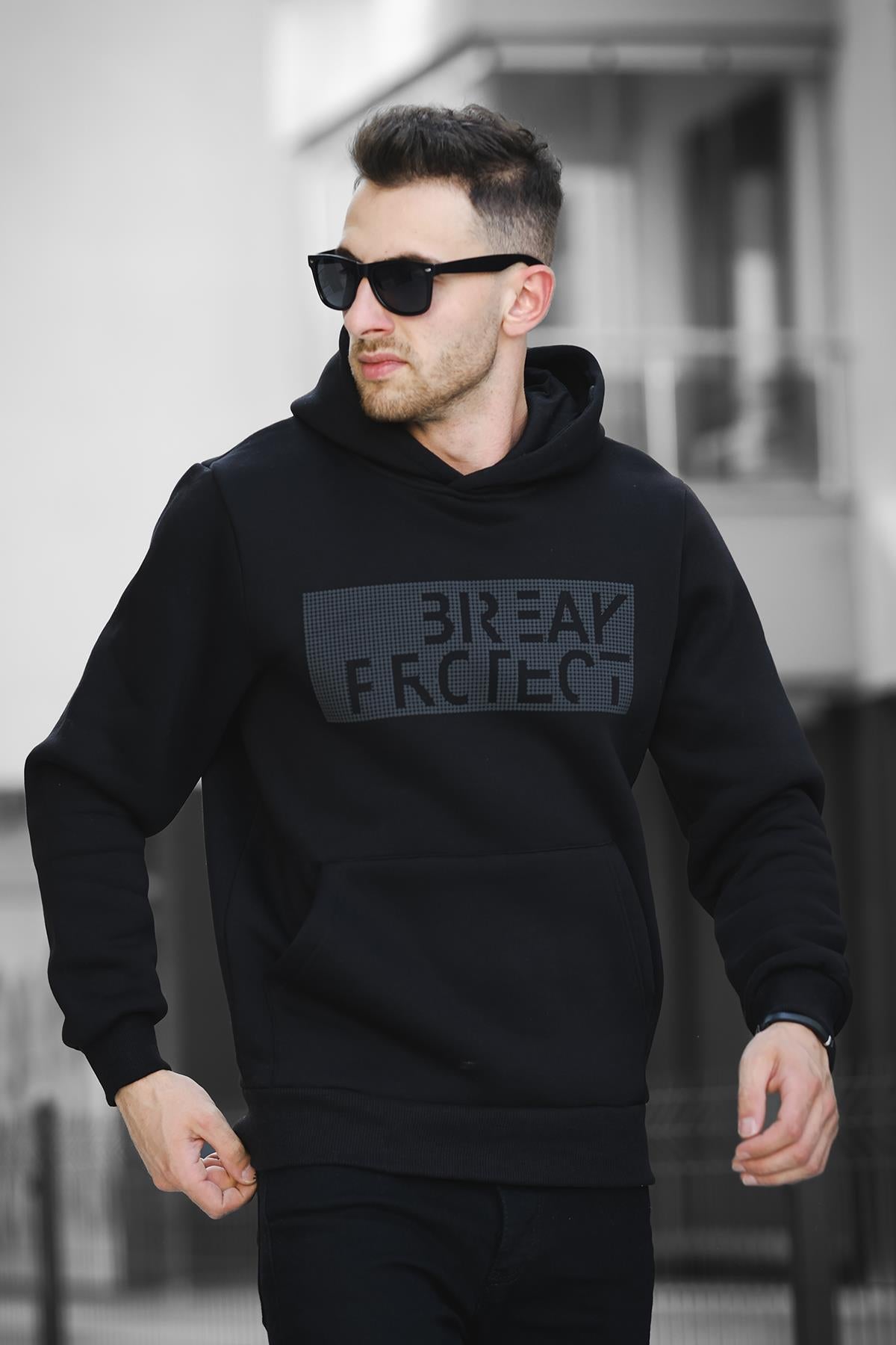 Break Üç İplik Şardonlu Baskılı Kapüşonlu Erkek Sweatshirt