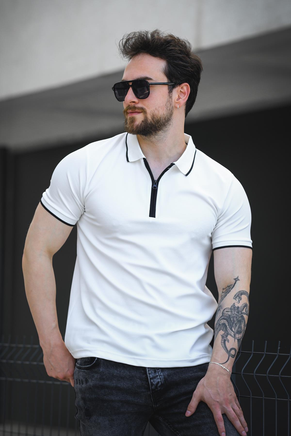 Calep Yakası Şeritli Slim Fit Fermuarlı Polo Yaka Erkek Tshirt