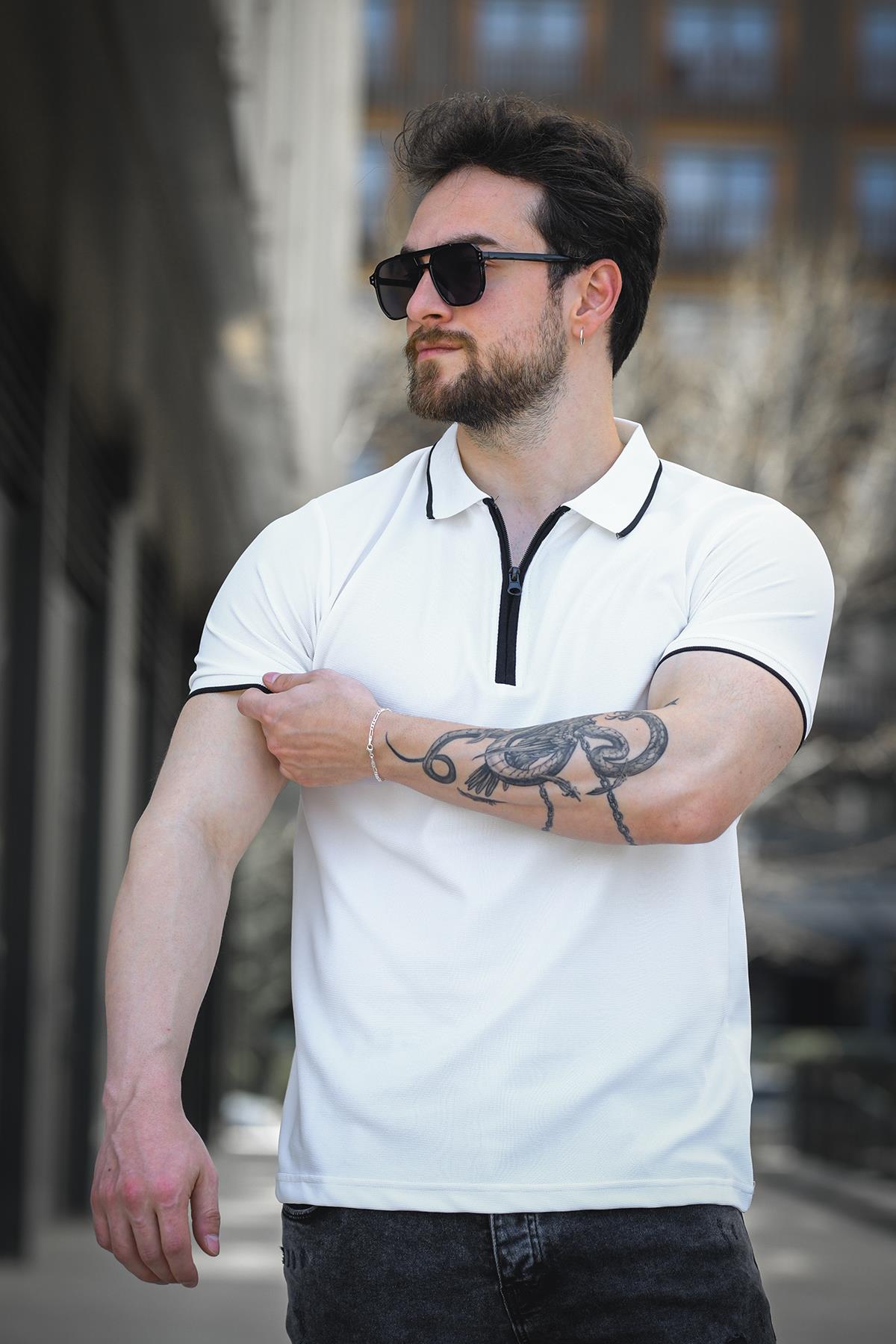 Calep Yakası Şeritli Slim Fit Fermuarlı Polo Yaka Erkek Tshirt