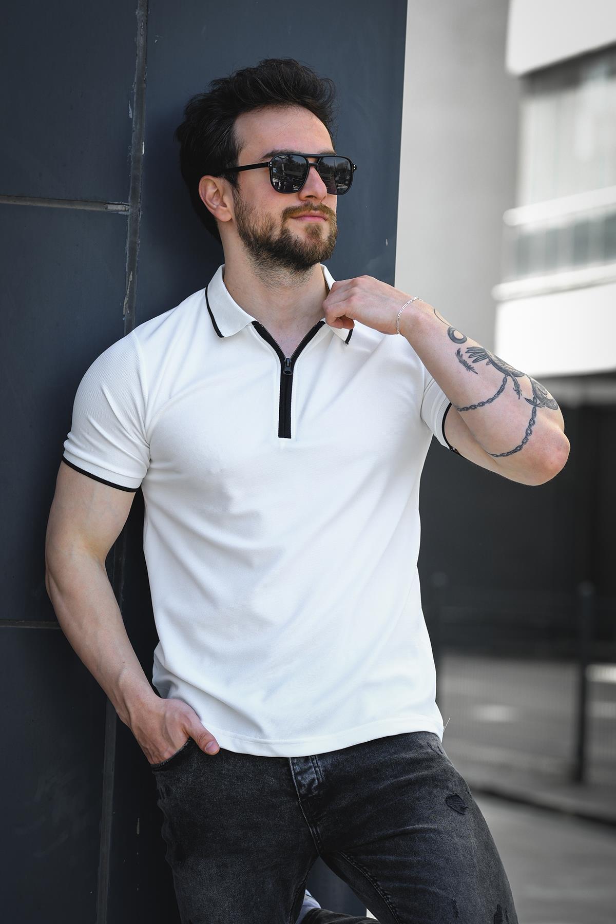 Calep Yakası Şeritli Slim Fit Fermuarlı Polo Yaka Erkek Tshirt