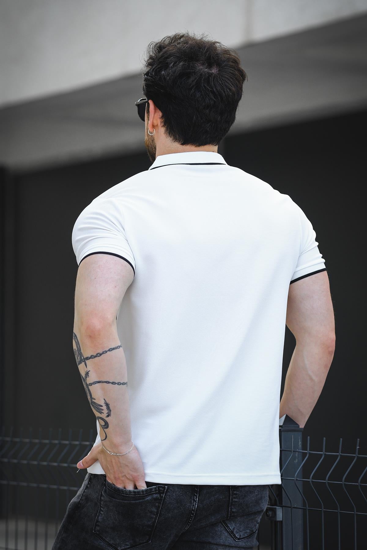 Calep Yakası Şeritli Slim Fit Fermuarlı Polo Yaka Erkek Tshirt