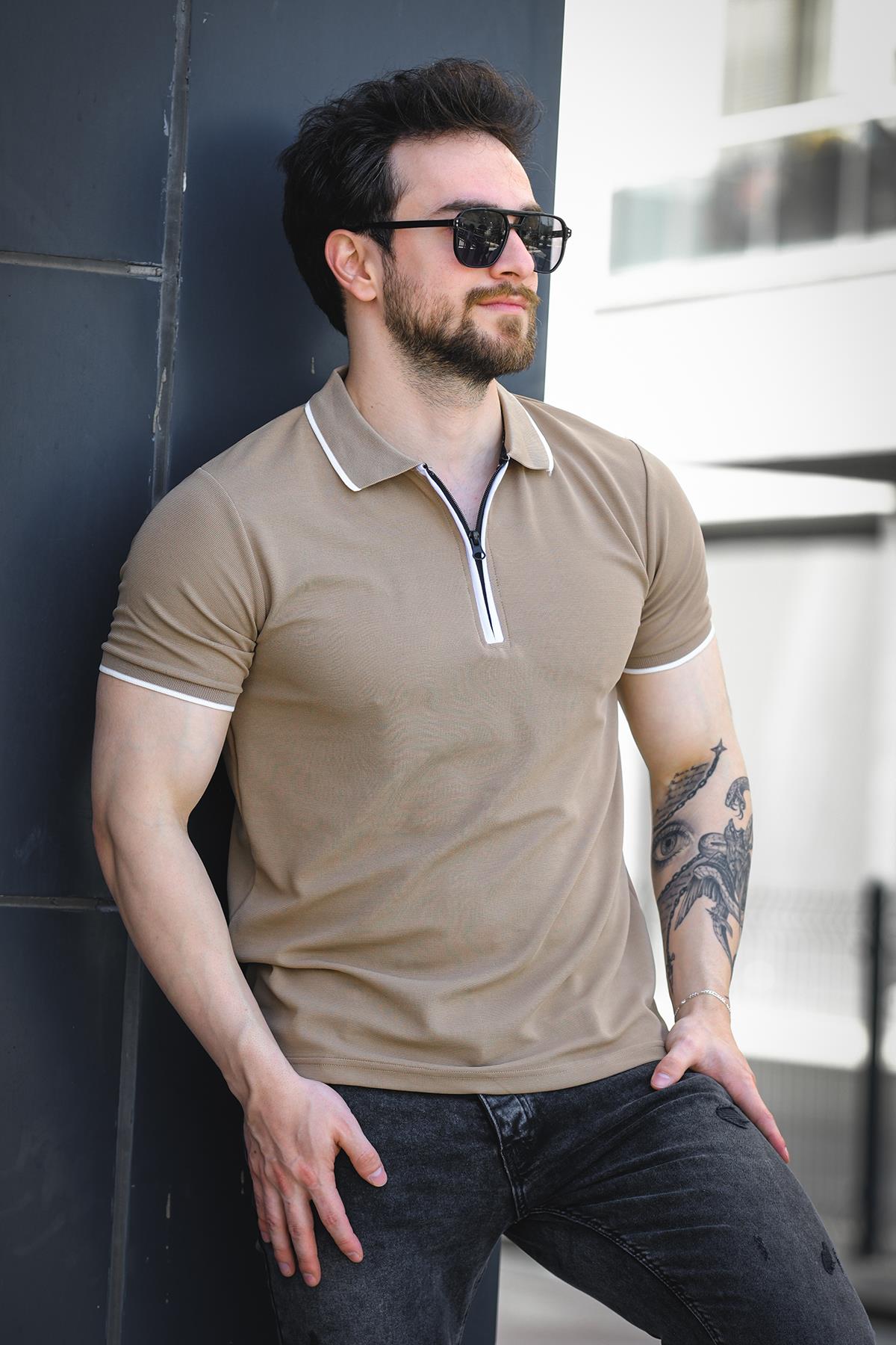 Calep Yakası Şeritli Slim Fit Fermuarlı Polo Yaka Erkek Tshirt