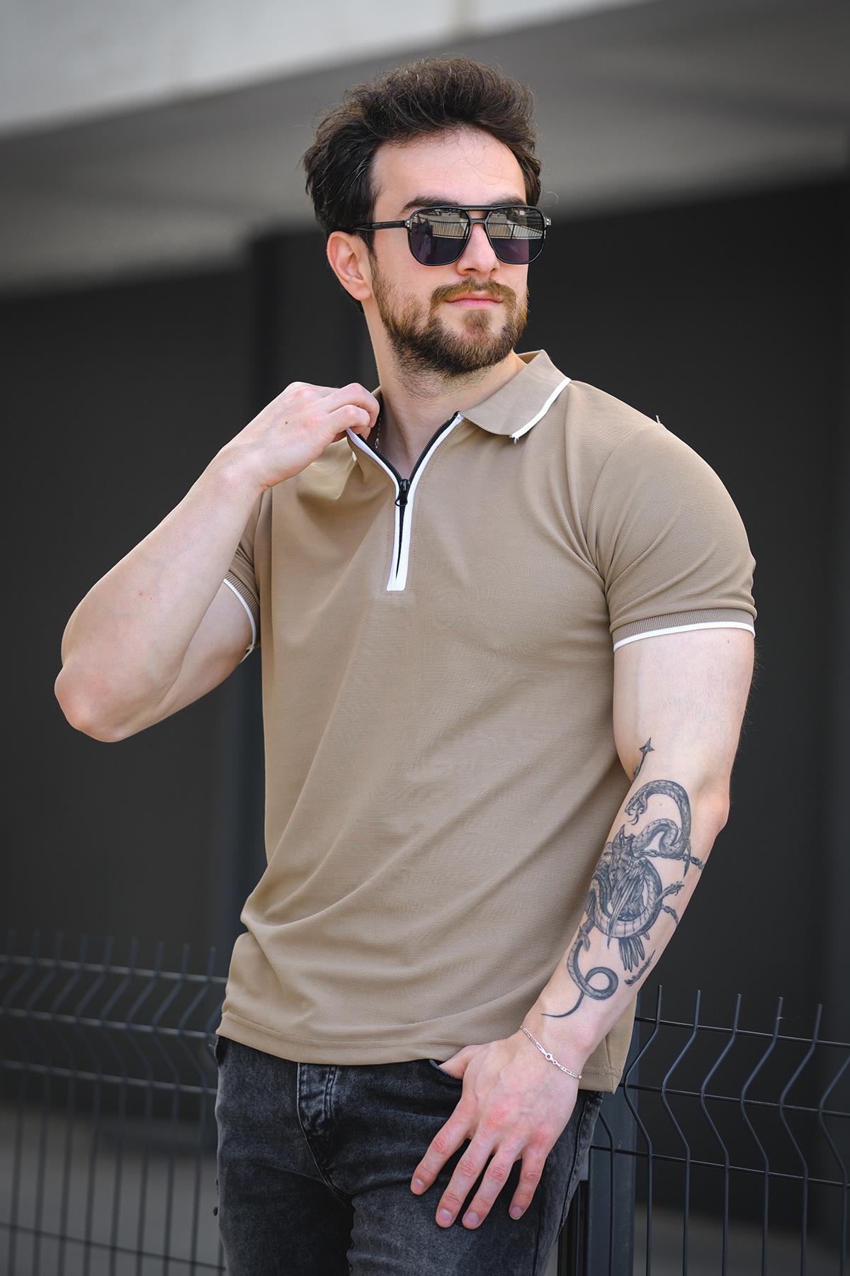 Calep Yakası Şeritli Slim Fit Fermuarlı Polo Yaka Erkek Tshirt