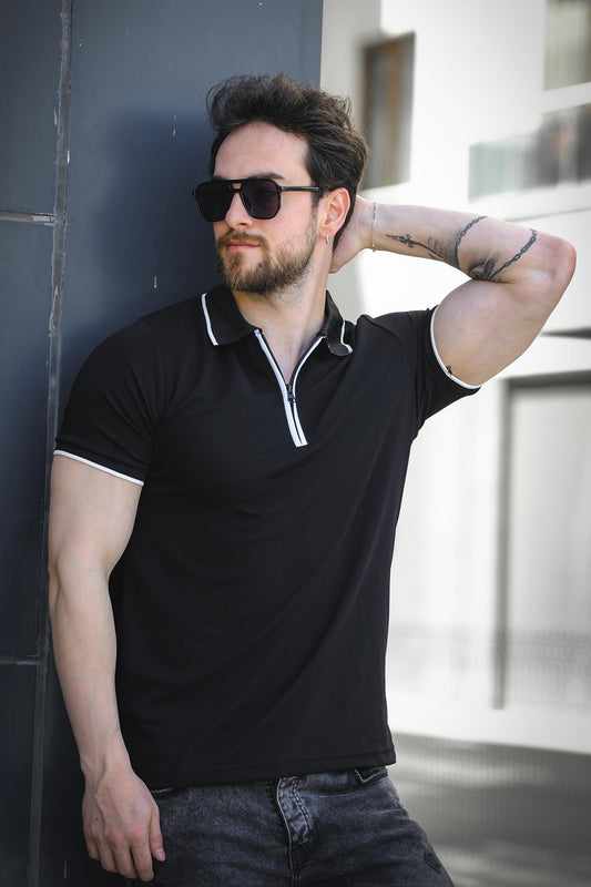 Calep Yakası Şeritli Slim Fit Fermuarlı Polo Yaka Erkek Tshirt