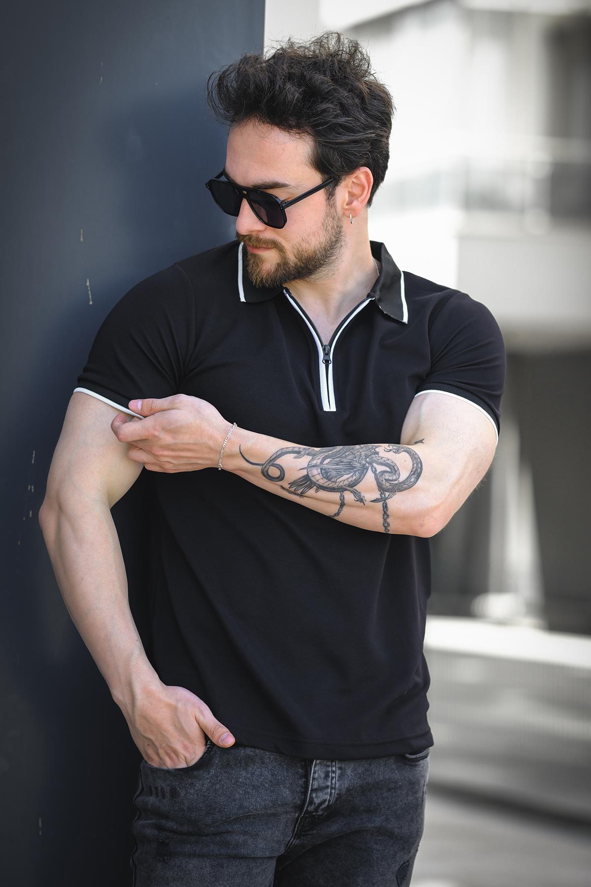 Calep Yakası Şeritli Slim Fit Fermuarlı Polo Yaka Erkek Tshirt