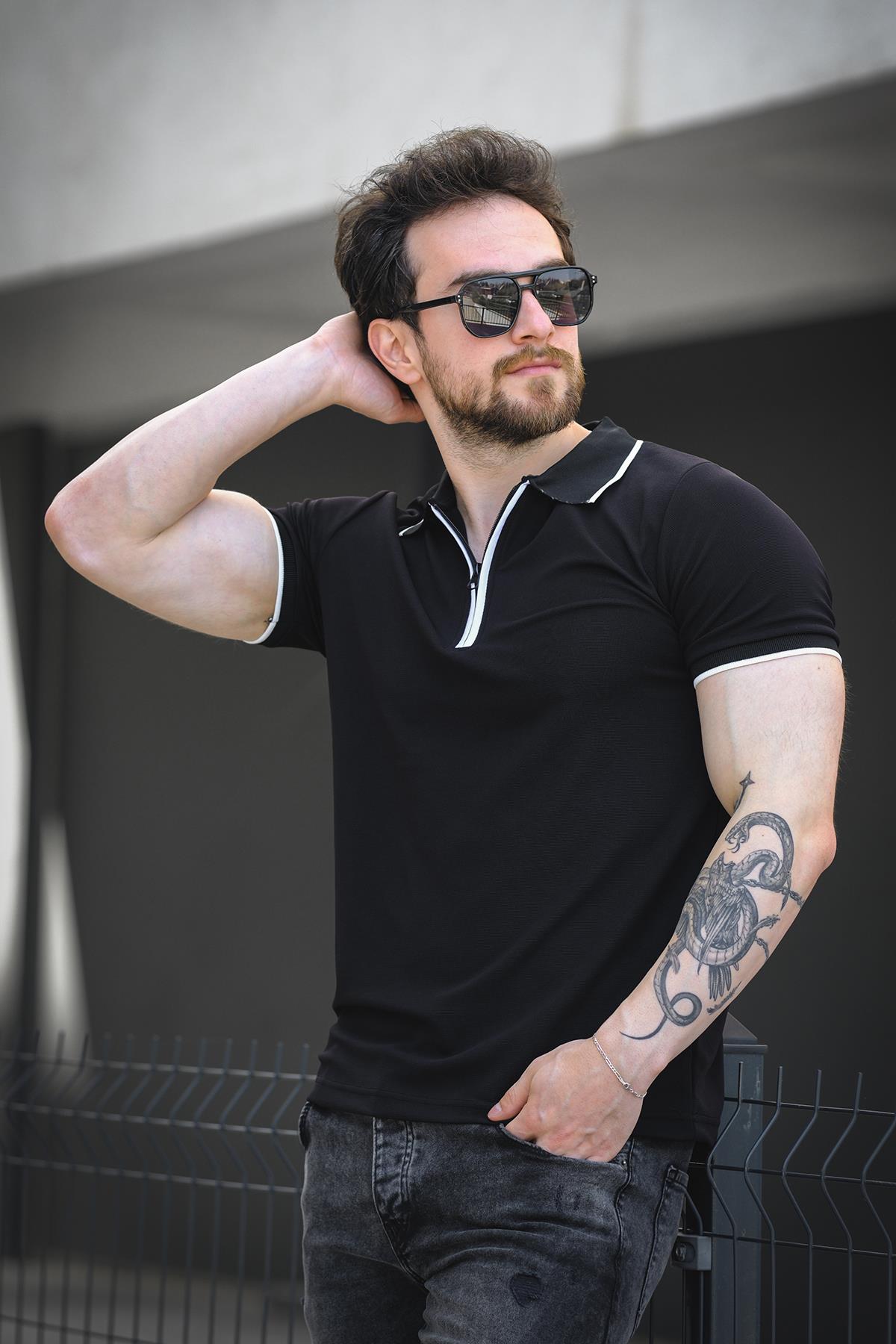 Calep Yakası Şeritli Slim Fit Fermuarlı Polo Yaka Erkek Tshirt