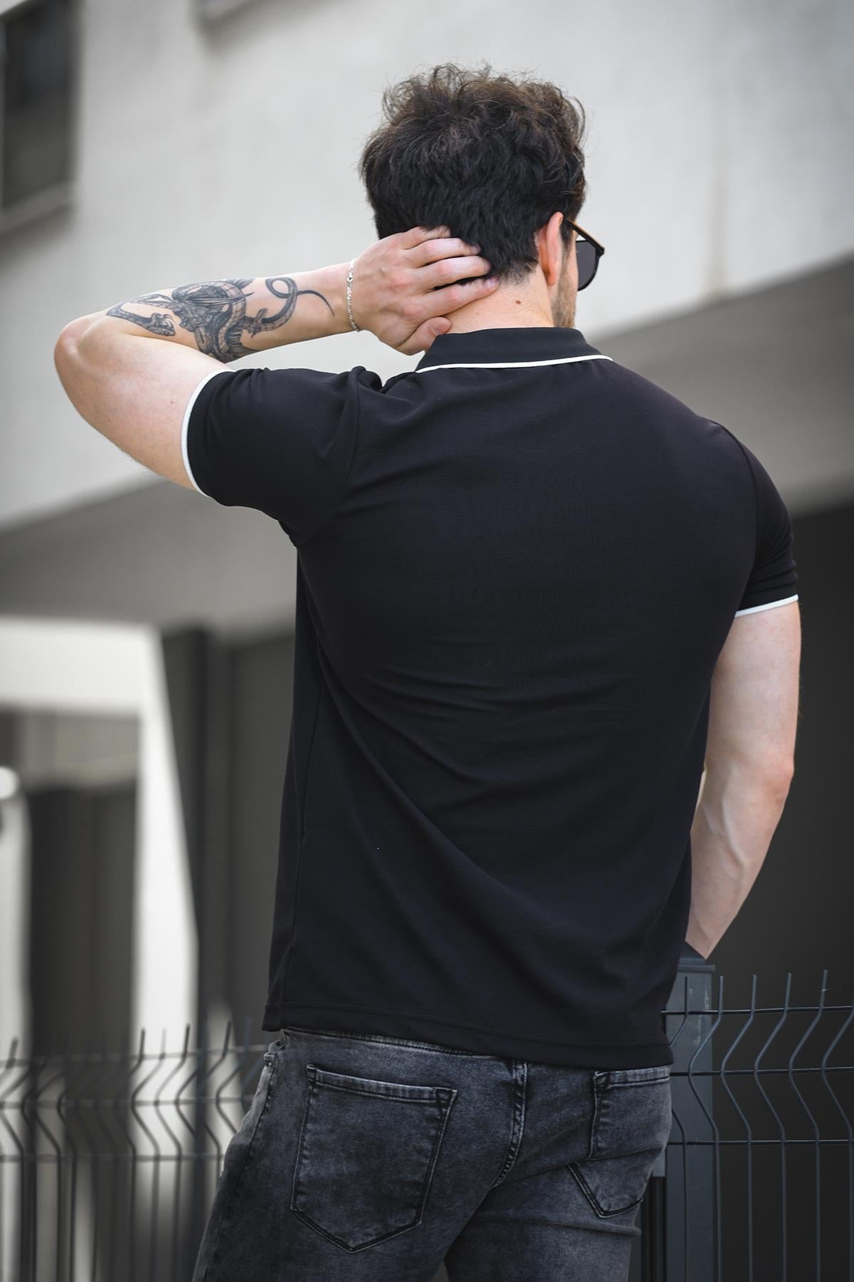 Calep Yakası Şeritli Slim Fit Fermuarlı Polo Yaka Erkek Tshirt