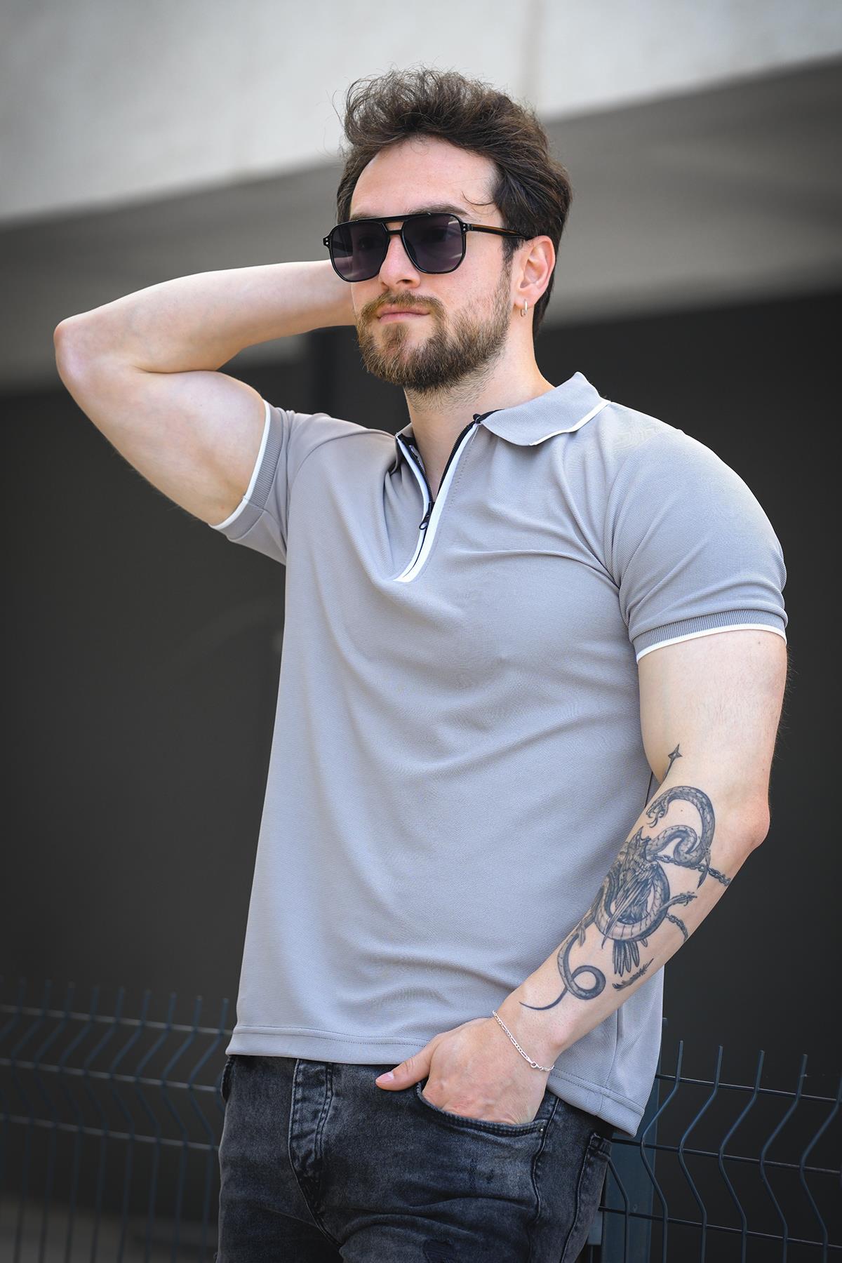 Calep Yakası Şeritli Slim Fit Fermuarlı Polo Yaka Erkek Tshirt