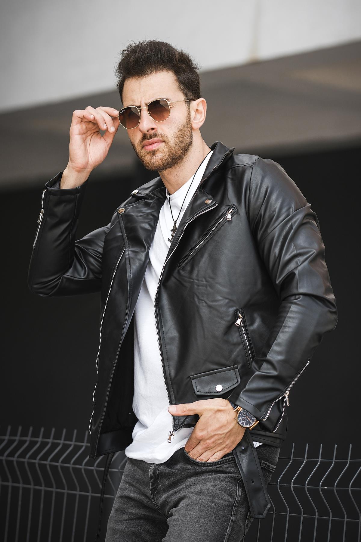 Castries Yandan Fermuarlı Kemerli Slim Fit Erkek Deri Ceket