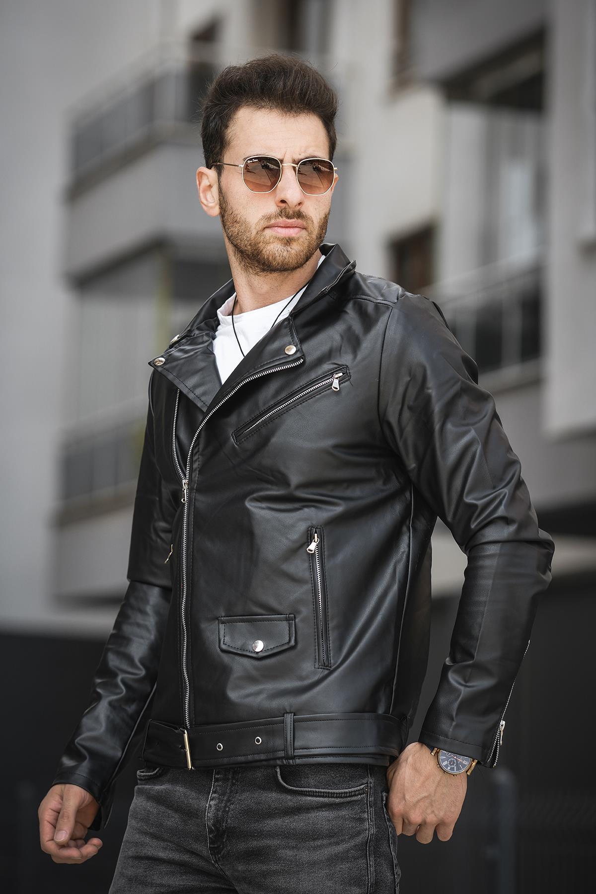 Castries Yandan Fermuarlı Kemerli Slim Fit Erkek Deri Ceket
