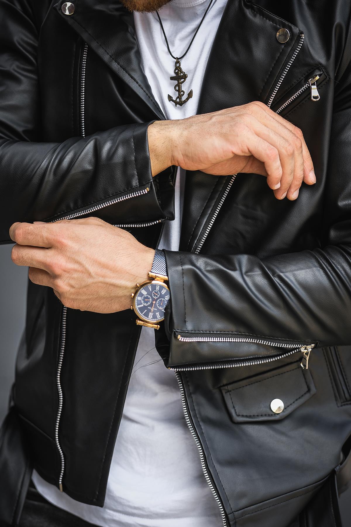 Castries Yandan Fermuarlı Kemerli Slim Fit Erkek Deri Ceket