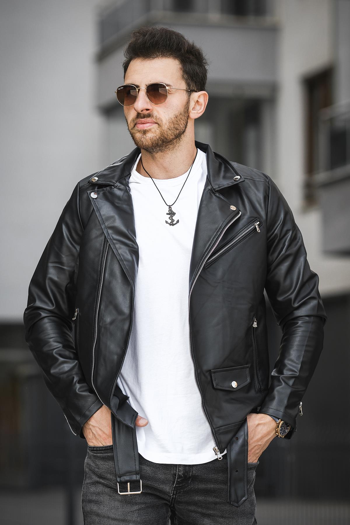 Castries Yandan Fermuarlı Kemerli Slim Fit Erkek Deri Ceket