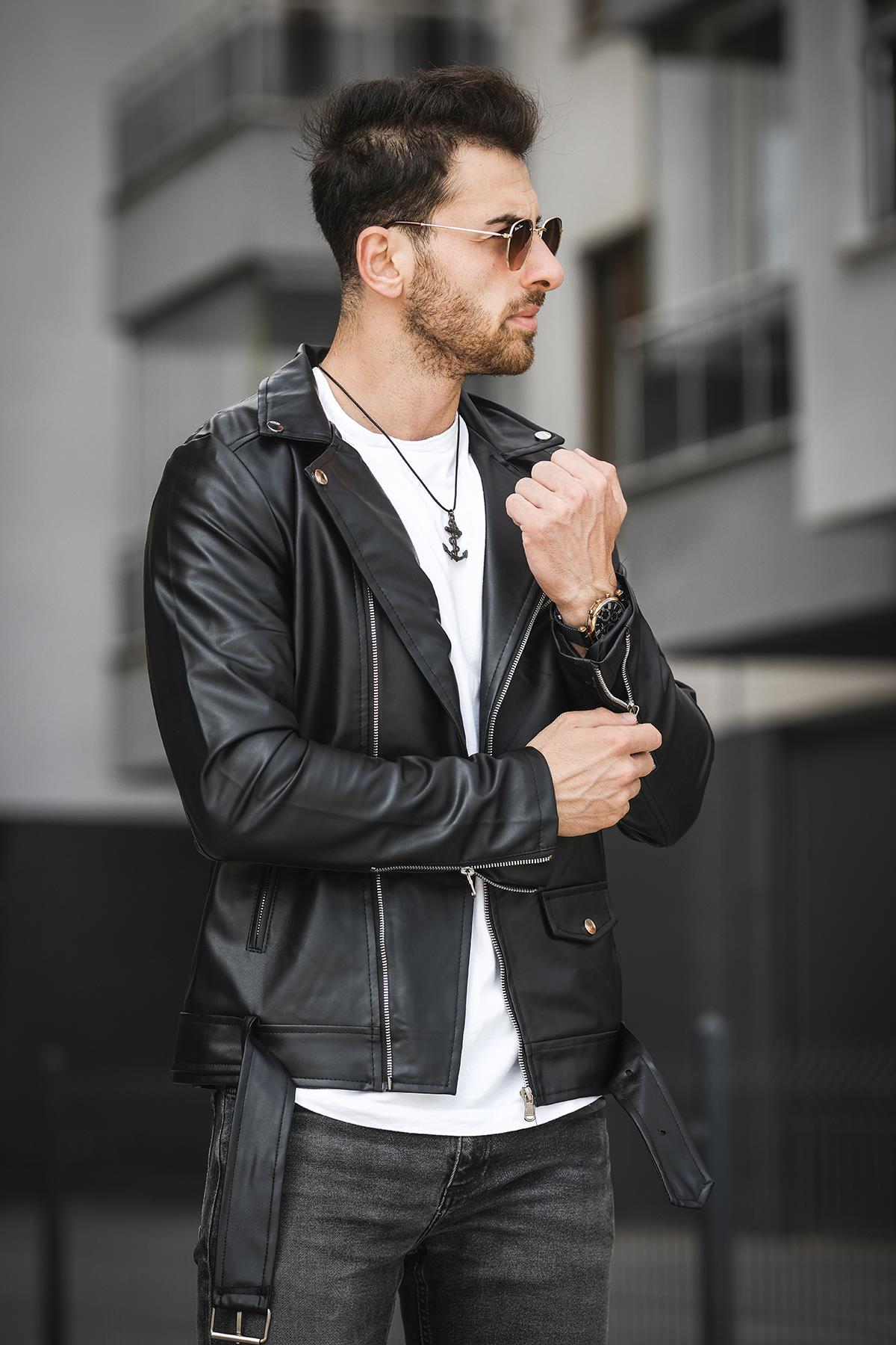 Castries Yandan Fermuarlı Kemerli Slim Fit Erkek Deri Ceket