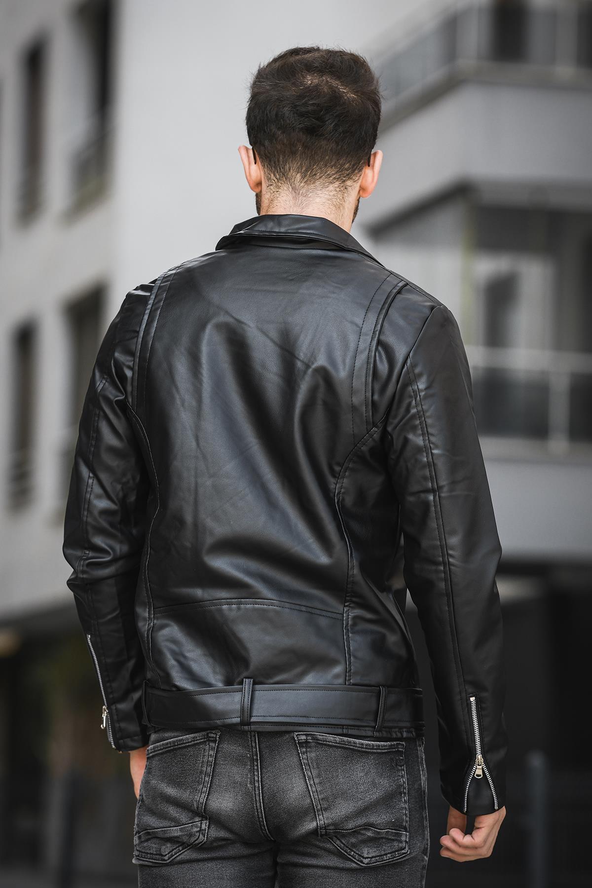 Castries Yandan Fermuarlı Kemerli Slim Fit Erkek Deri Ceket