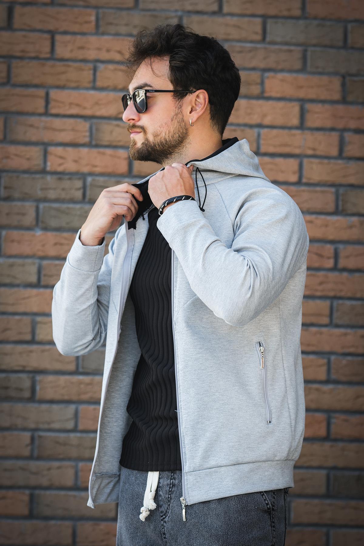 Chev Micro İnterlok Dik Yaka Fermuarlı Hırka Sweatshirt