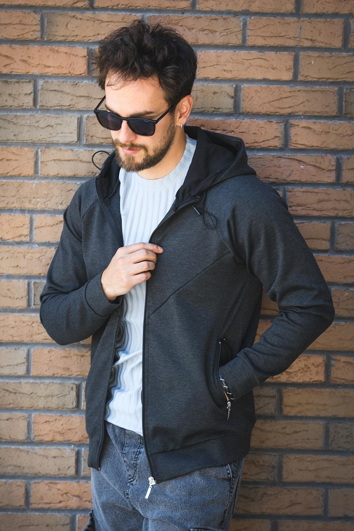 Chev Micro İnterlok Dik Yaka Fermuarlı Hırka Sweatshirt