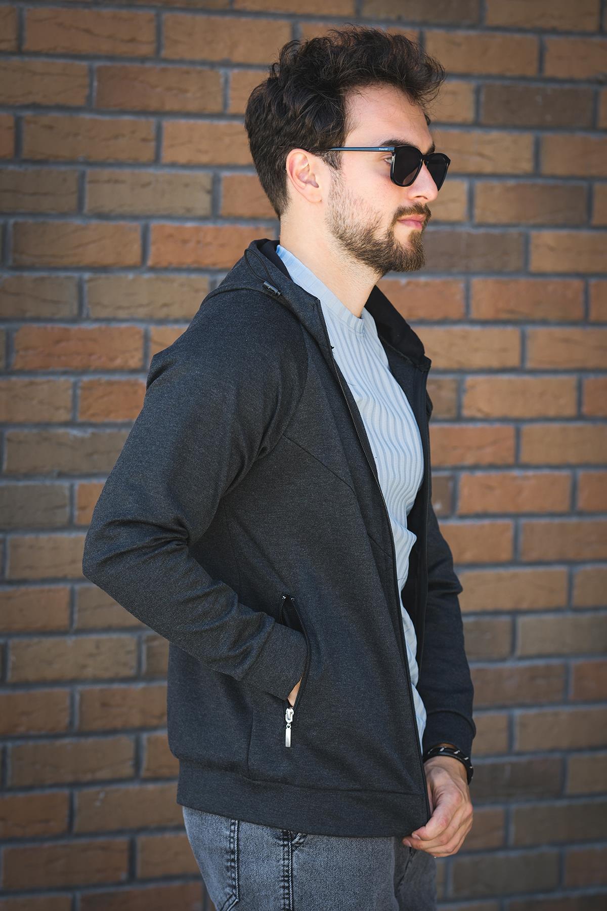 Chev Micro İnterlok Dik Yaka Fermuarlı Hırka Sweatshirt