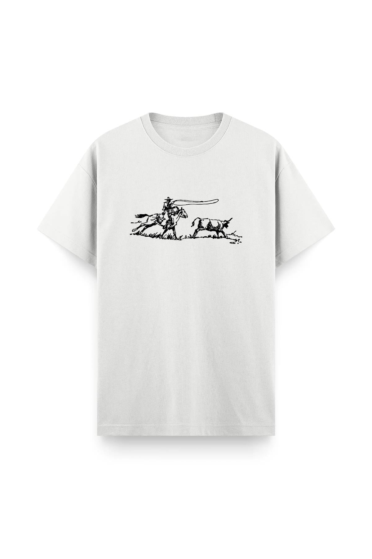 Cowboy Ön Baskılı Bisiklet Yaka Erkek Tshirt