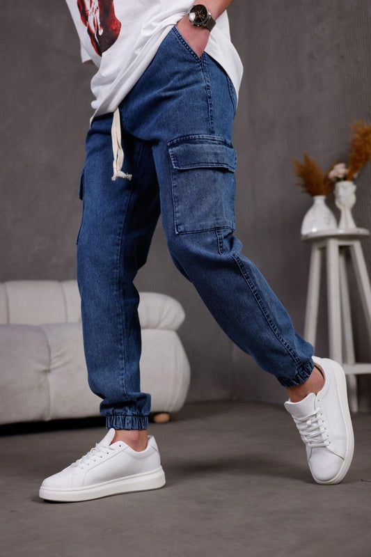 Dasser Paçası ve Beli Lastikli Slim Fit Likralı Kot Kargo Pantolon